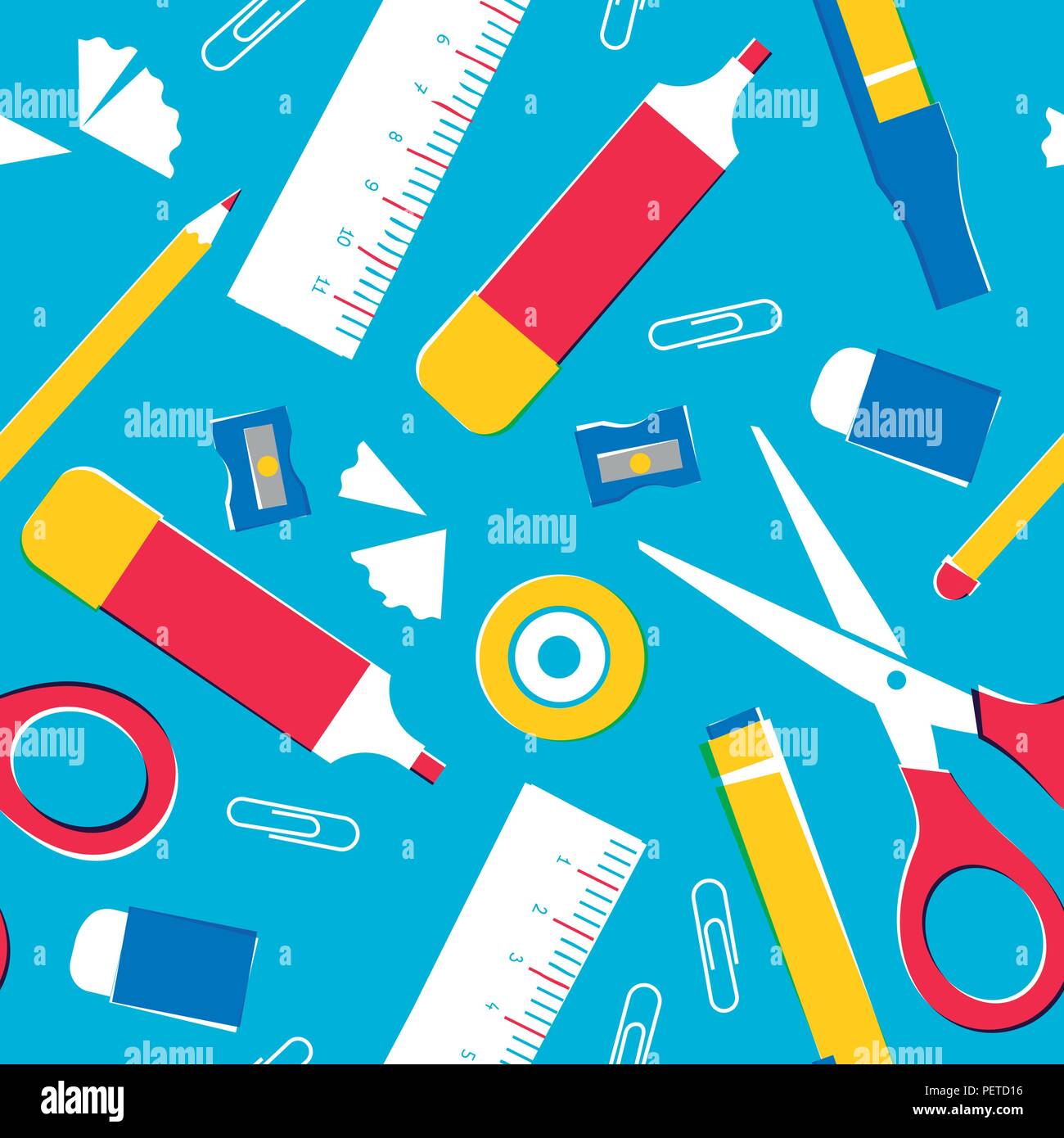 Les fournitures scolaires, équipement de salle de classe sans arrière-plan ou l'espace de bureau outils. Comprend un crayon, règle, gomme, trombone et plus encore. EPS10 vec Illustration de Vecteur