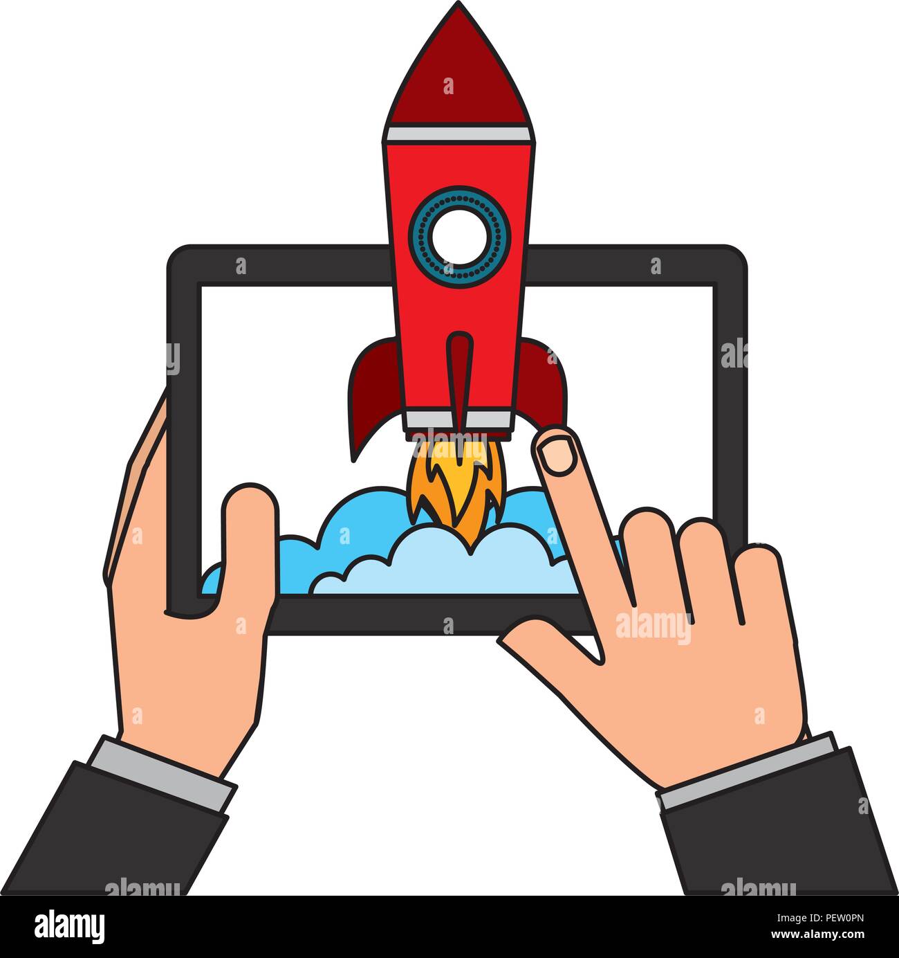 Les mains avec tablette et démarrage rocket Illustration de Vecteur