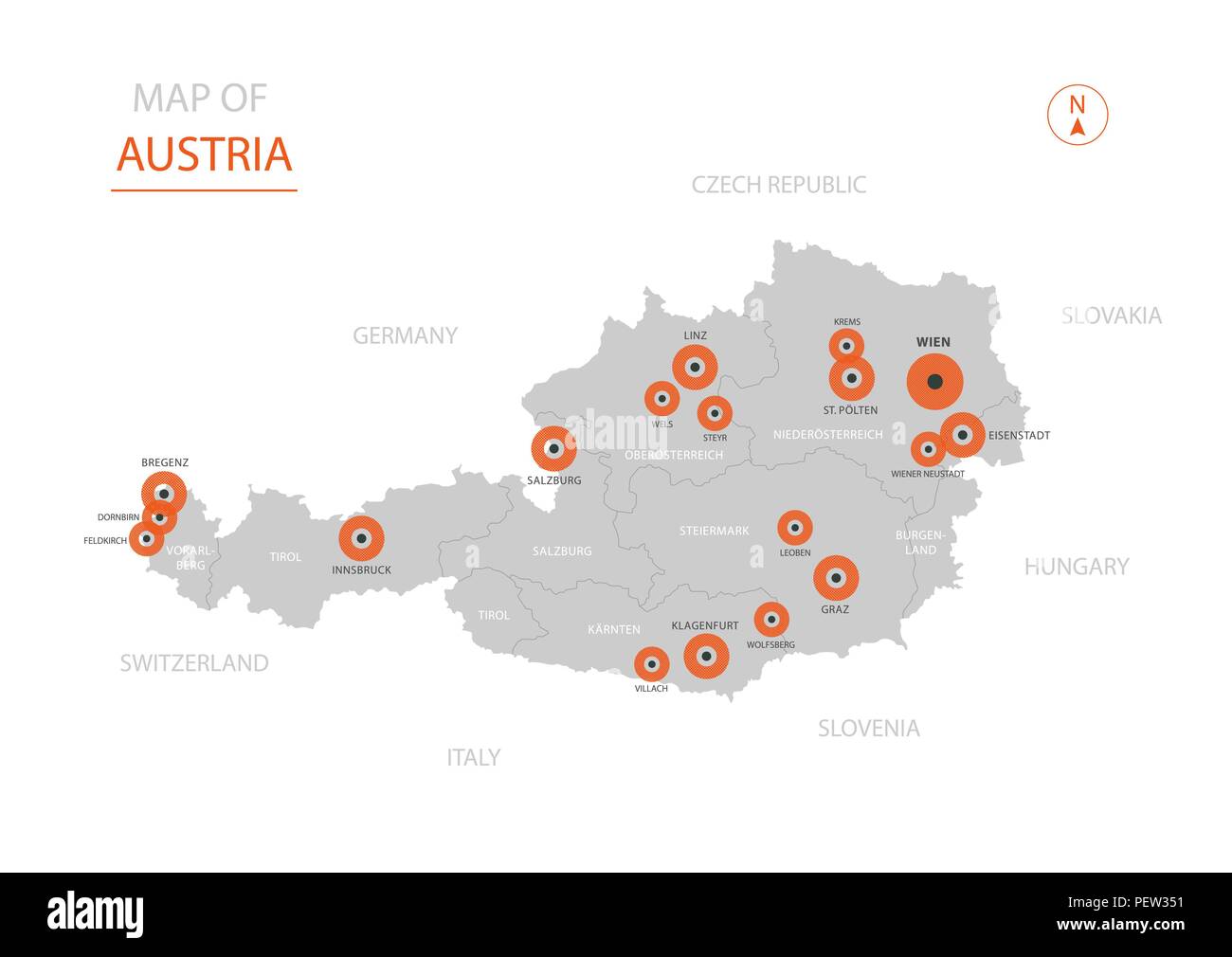 Vecteur stylisé Autriche carte montrant les grandes villes, la capitale vienne, divisions administratives. Illustration de Vecteur