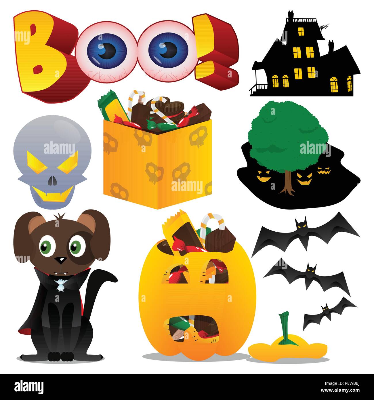 Vector Set Pour L Halloween Dans La Ville Animee De Cartoon Style Colore Illustration De Caracteres Et Les Icones Sur Fond Blanc En Costume De Chien La Citrouille Et Othe Image Vectorielle Stock