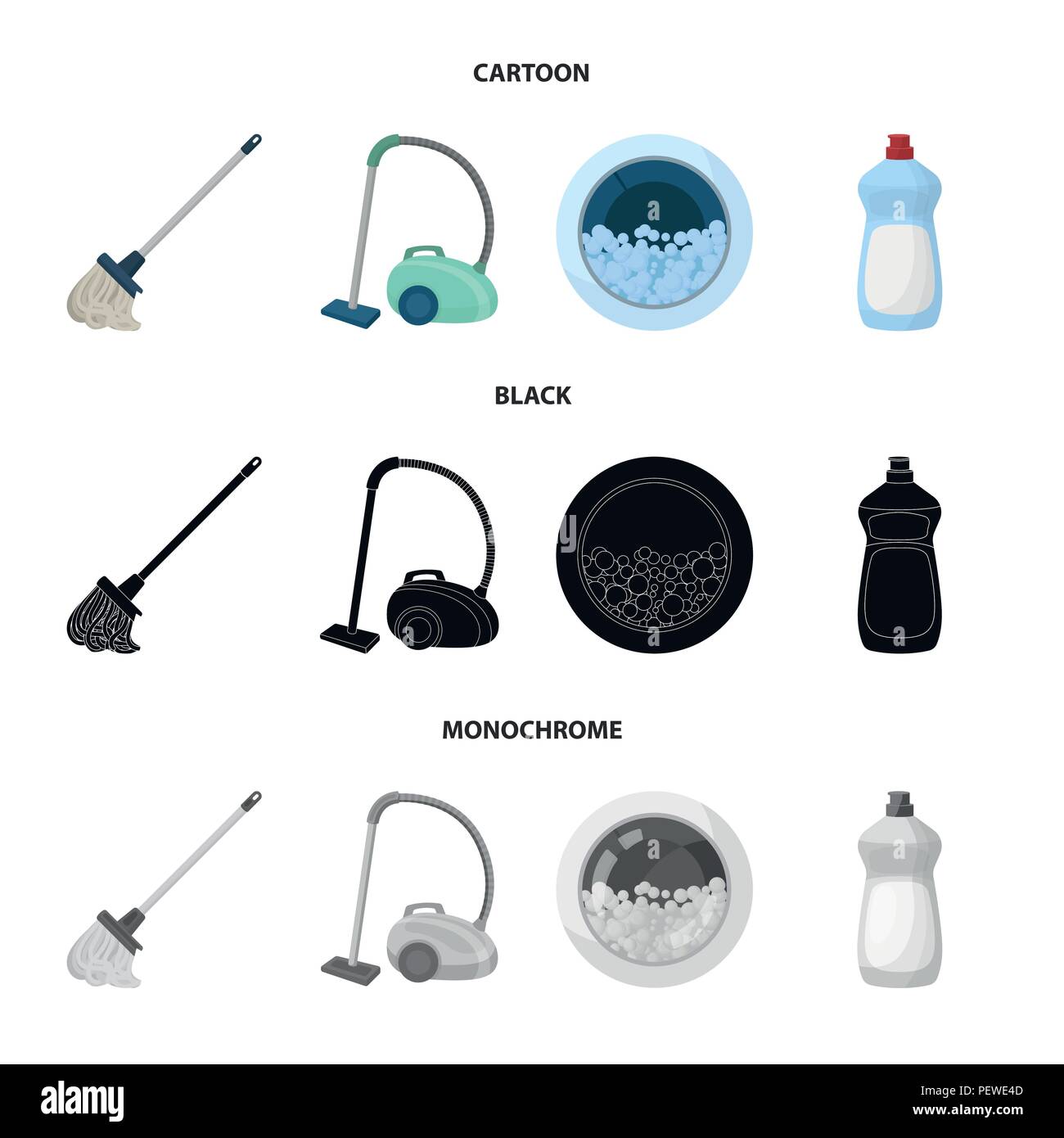 Une vadrouille avec une poignée pour laver les planchers, un aspirateur vert, une fenêtre d'une machine à laver avec de l'eau et de mousse, une bouteille avec un agent de nettoyage. Cle Illustration de Vecteur