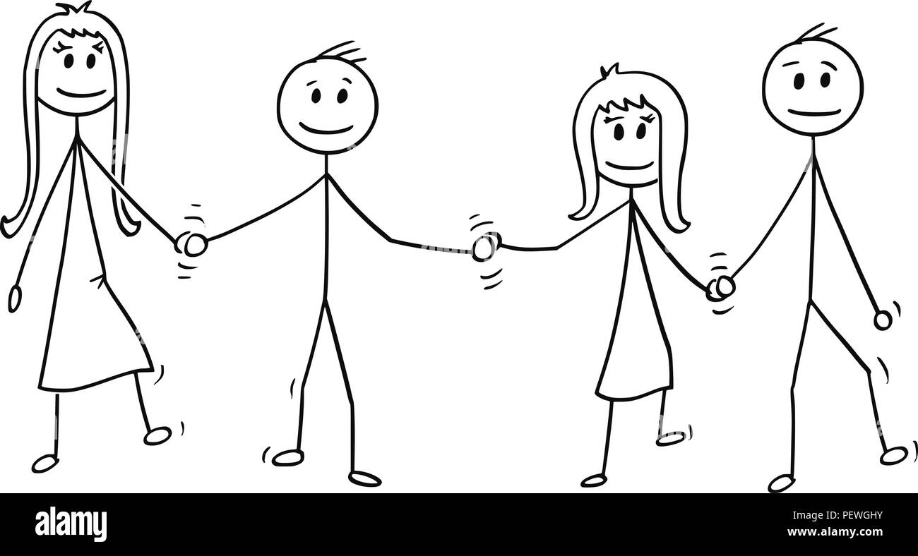 Caricature de quatre enfants, garçons et filles, à marcher ensemble tout en se tenant la main Illustration de Vecteur