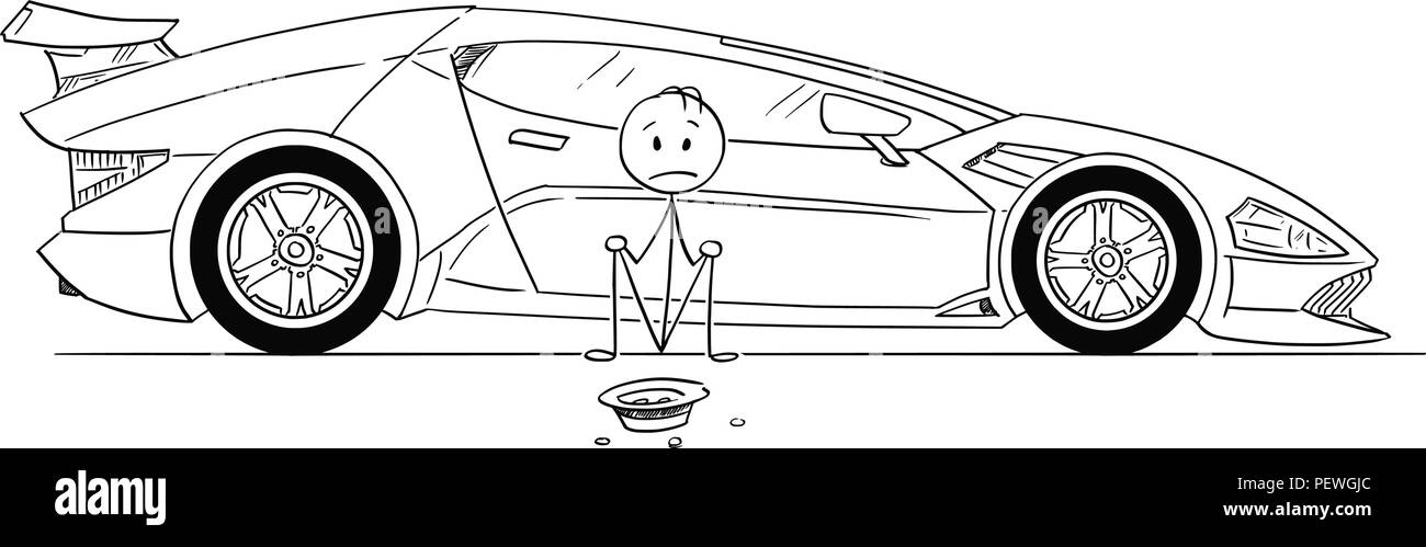 Caricature de l'homme, Cher propriétaire de voiture de sport, assis et mendier de l'argent du gaz Illustration de Vecteur