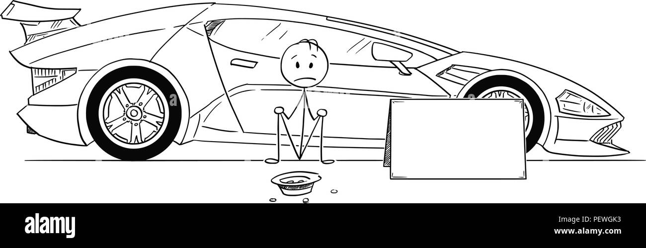 Caricature de l'homme, Cher propriétaire de voiture de sport, assis et mendier de l'argent du gaz Illustration de Vecteur