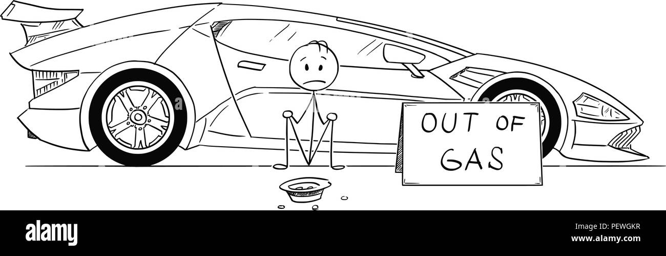 Caricature de l'homme, Cher propriétaire de voiture de sport, assis et mendier de l'argent du gaz Illustration de Vecteur