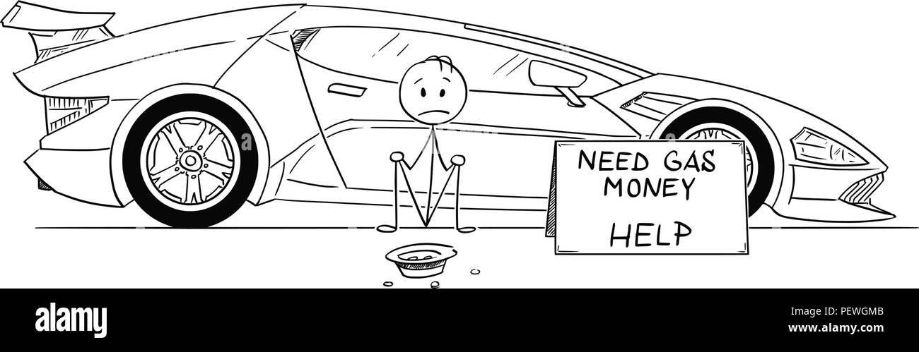Caricature de l'homme, Cher propriétaire de voiture de sport, assis et mendier de l'argent du gaz Illustration de Vecteur