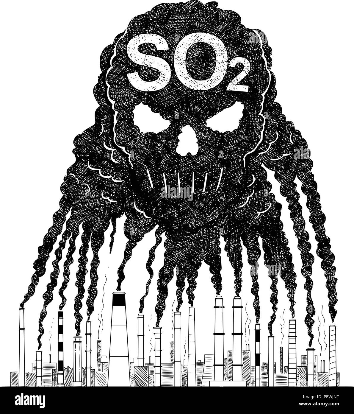 Vector Illustration dessin artistique de la fumée des cheminées Création de crâne humain, concept de pollution de l'air de SO2 Illustration de Vecteur