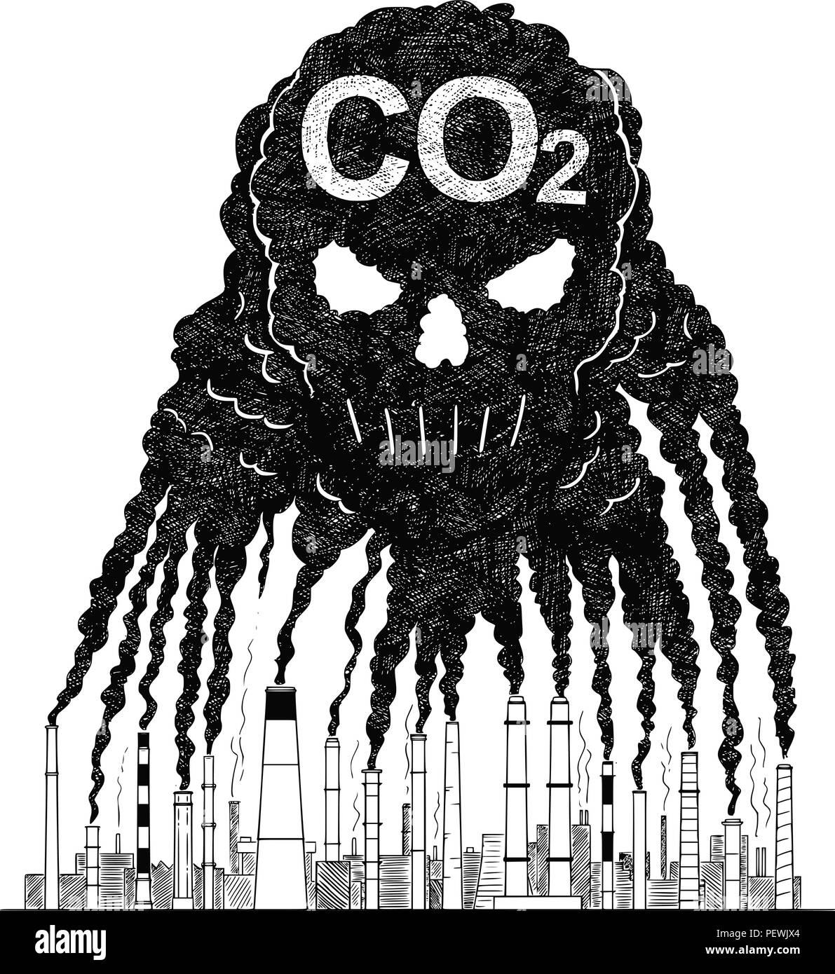 Vector Illustration dessin artistique de la fumée des cheminées Création de crâne humain, Concept de CO2 La pollution de l'air Illustration de Vecteur