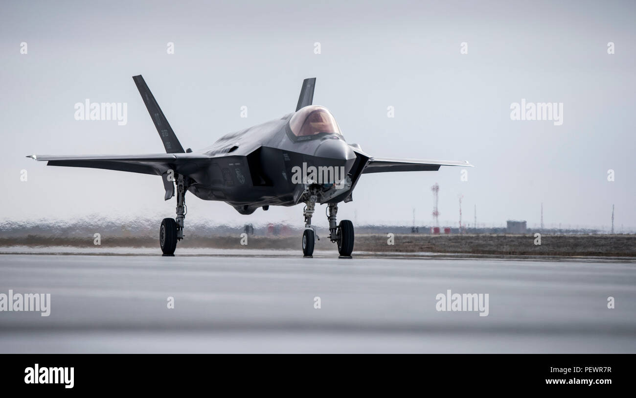 Un U.S. Air Force F-35A Lightning II, également connu sous le nom de Joint Strike Fighter, un taxi après l'atterrissage à Mountain Home Air Force Base, Texas, le 8 février 2016. Le F-35, qui viennent de l'Edwards Air Force Base, Californie, fera partie d'une capacité opérationnelle initiale à la proximité de test complexe gamme. (U.S. Photo de l'Armée de l'air par la Haute Airman Jeremy L. Mosier/libérés) Banque D'Images