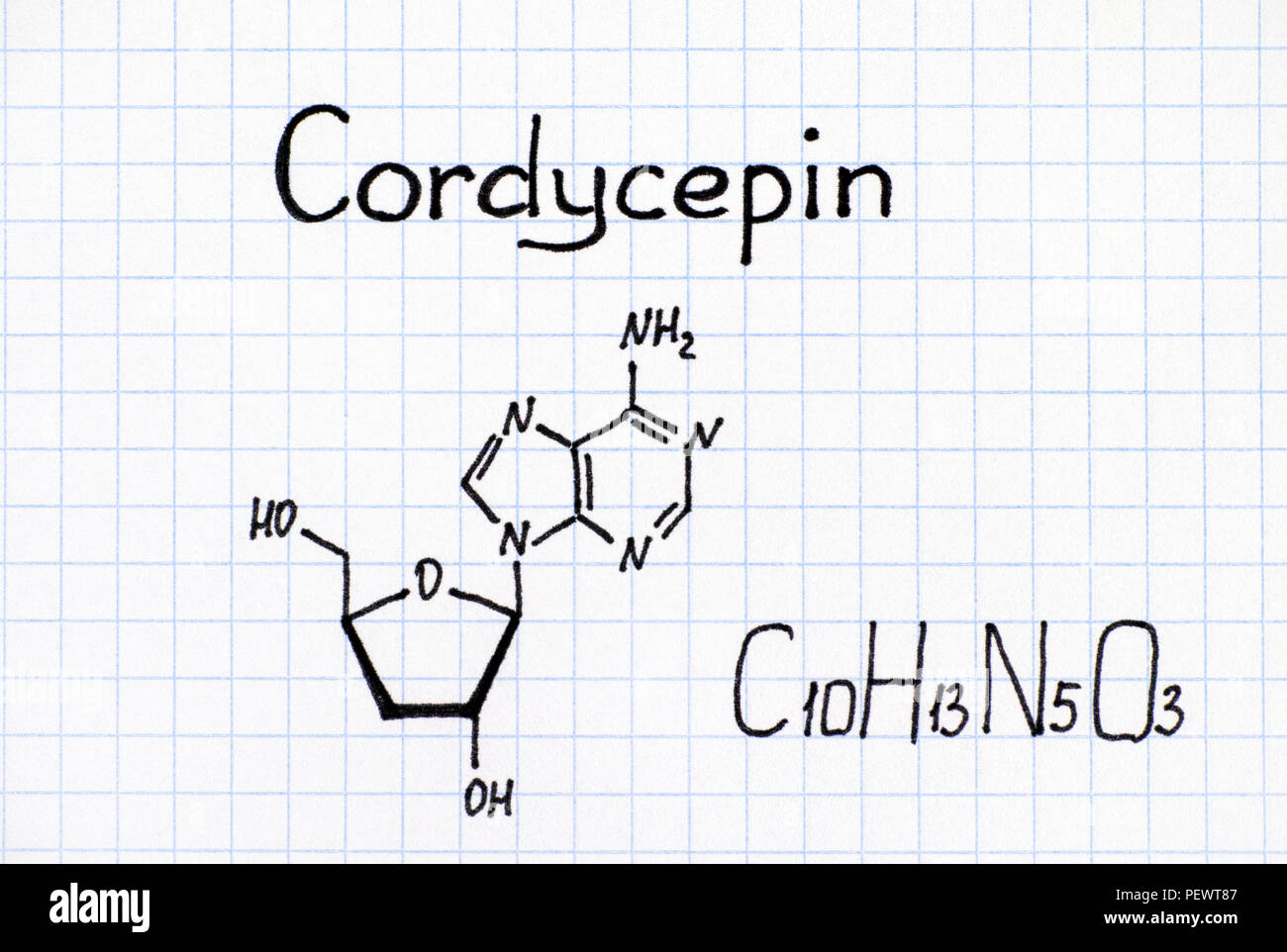 Formule chimique de la cordycépine. Close-up. Banque D'Images