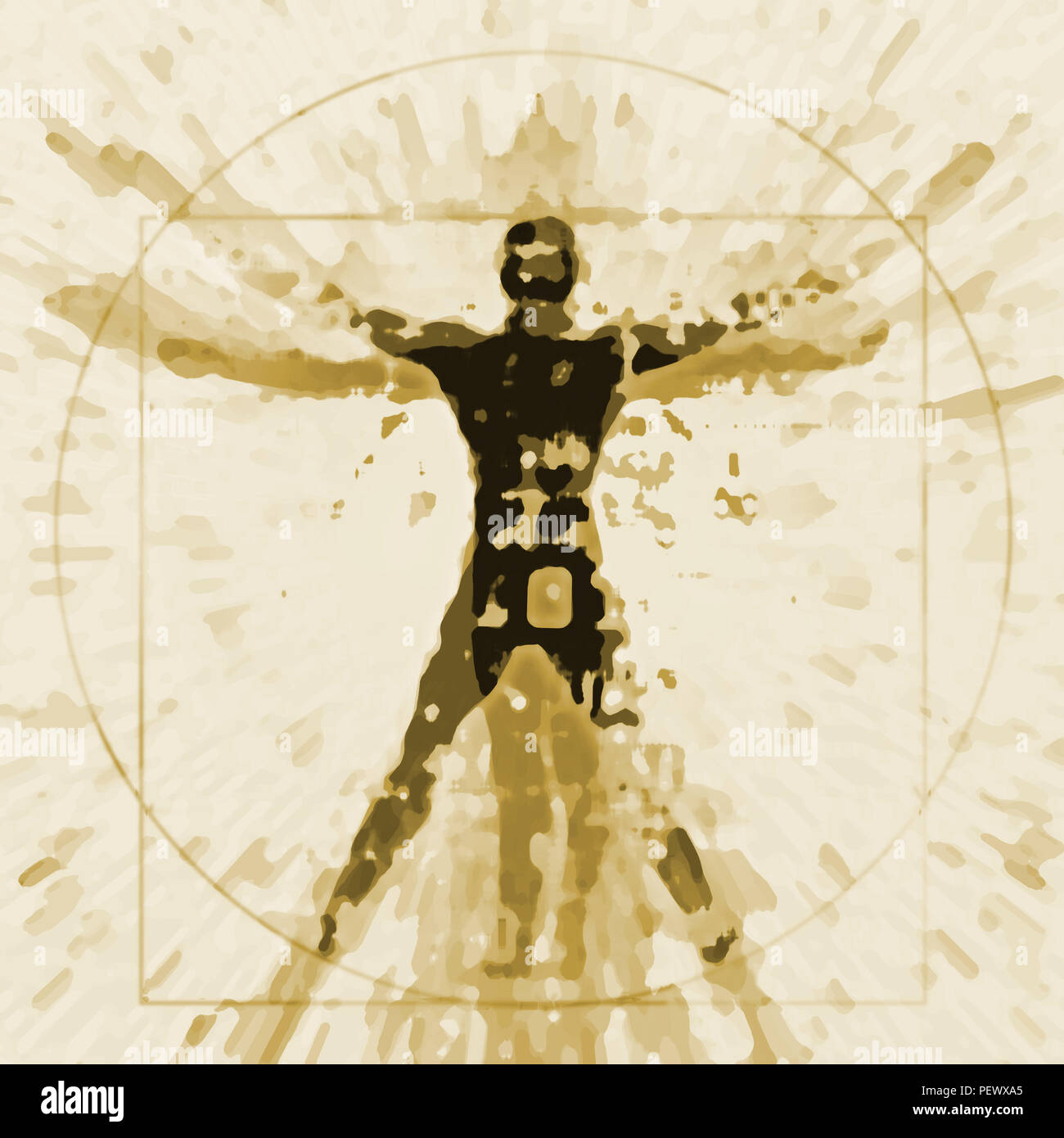 L'homme vitruvien stylisé expressif. Une illustration d'une silhouette d'homme de Vitruve. Banque D'Images