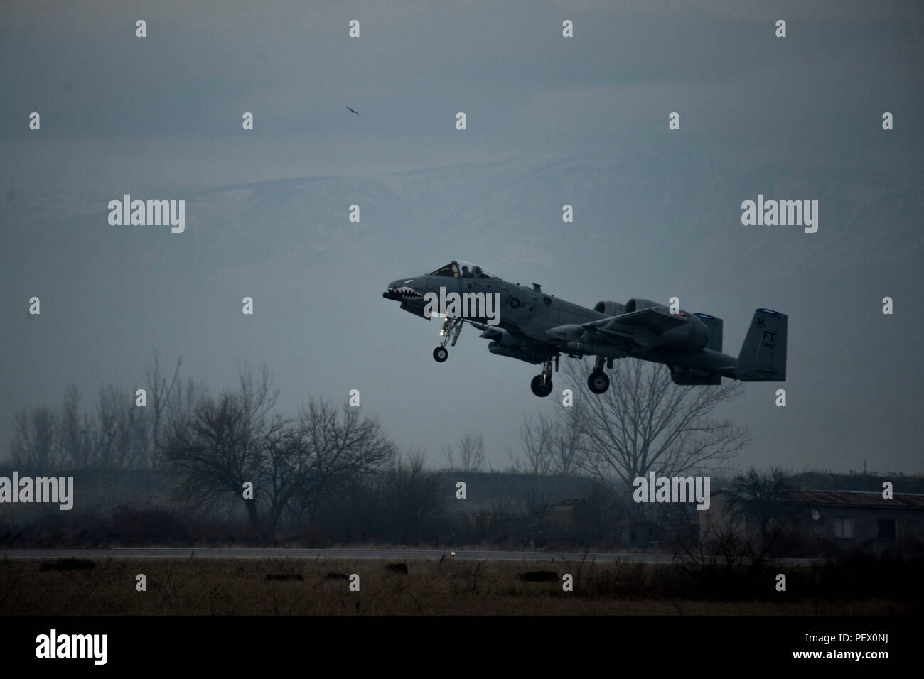 Un corps expéditionnaire 74e Escadron de chasse A-10C Thunderbolt II prend l'avion au cours d'un entraînement physique à Plovdiv, Bulgarie, le 10 février 2016. L'aéronef déployés à la Bulgarie dans le cadre de l'opération Atlantic résoudre pour renforcer les capacités d'alimentation d'air tout en assurant l'engagement des États-Unis à la sécurité et la stabilité européennes. (U.S. Air Force photo par un membre de la 1re classe Luc Kitterman/libérés) Banque D'Images