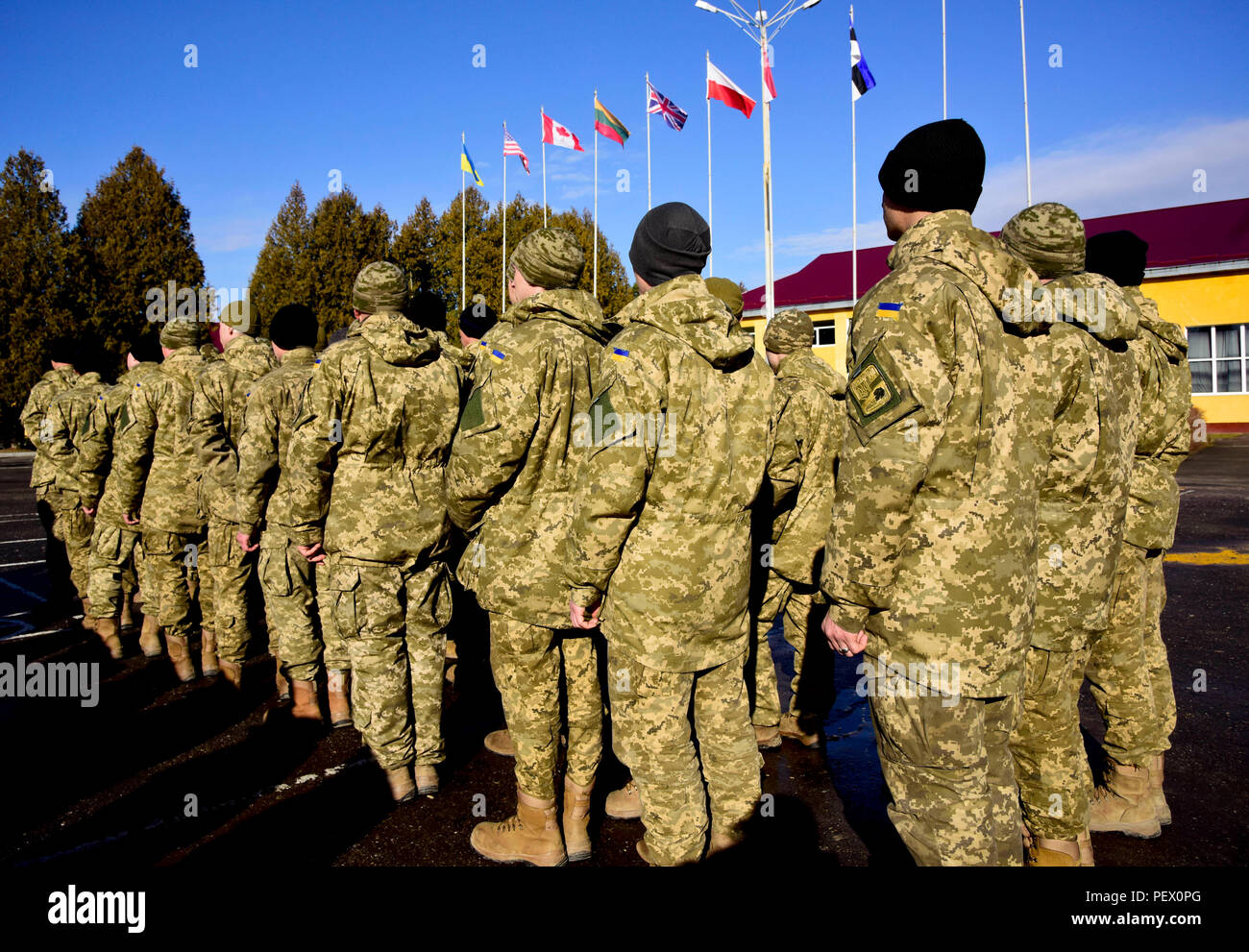 Les soldats avec les Forces terrestres ukrainiennes en formation stand 12 février 2016, au cours de la cérémonie de remise des diplômes de la première rotation de Fearless Guardian II au maintien de la paix et la sécurité internationale Centre près de l'Ukraine, l'viv. La deuxième phase du gardien intrépide sera composée de cinq bataillons de la formation des soldats de l'armée ukrainienne et un bataillon des forces spéciales dans le cadre du groupe multinational interarmées de l'Ukraine. (Photo de Sarah Tate, JMTC Affaires publiques) Banque D'Images