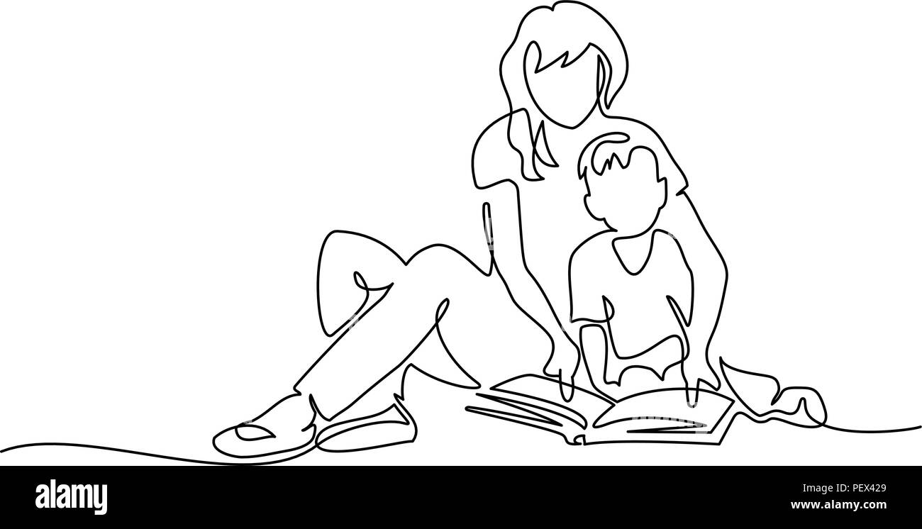 Dessin d'une ligne continue. Notion de famille. Mère et fils lecture livre. Vector illustration Illustration de Vecteur