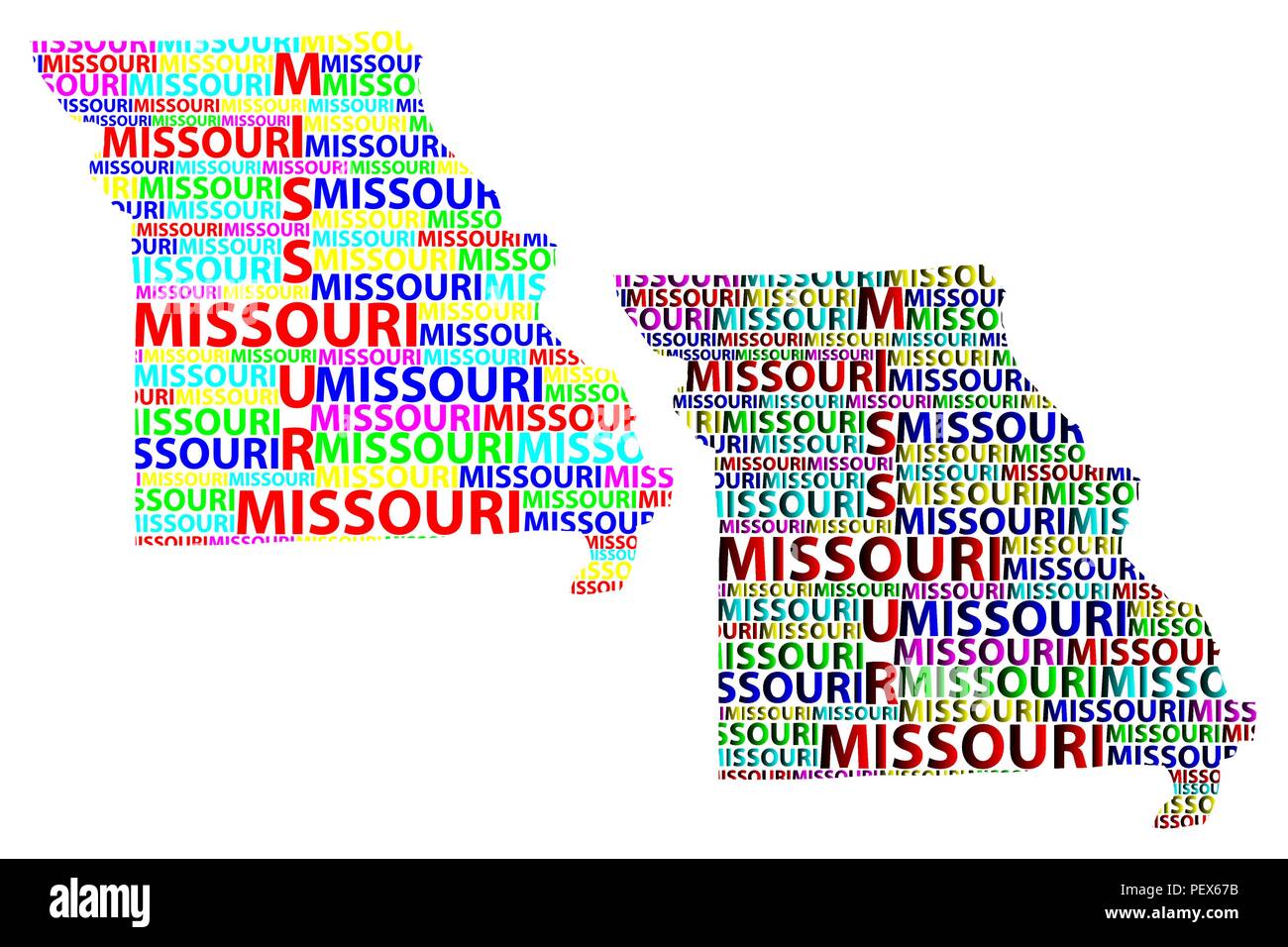 Sketch Missouri (États-Unis d'Amérique) texte de la lettre, la carte carte du Missouri - sous la forme du continent, la carte Missouri - vector illustration couleur Illustration de Vecteur