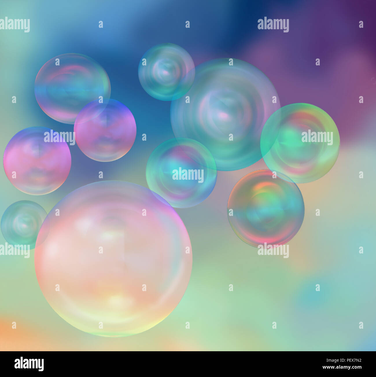 De belles bulles de savon irisées sur fond coloré, 3D Rendering Banque D'Images