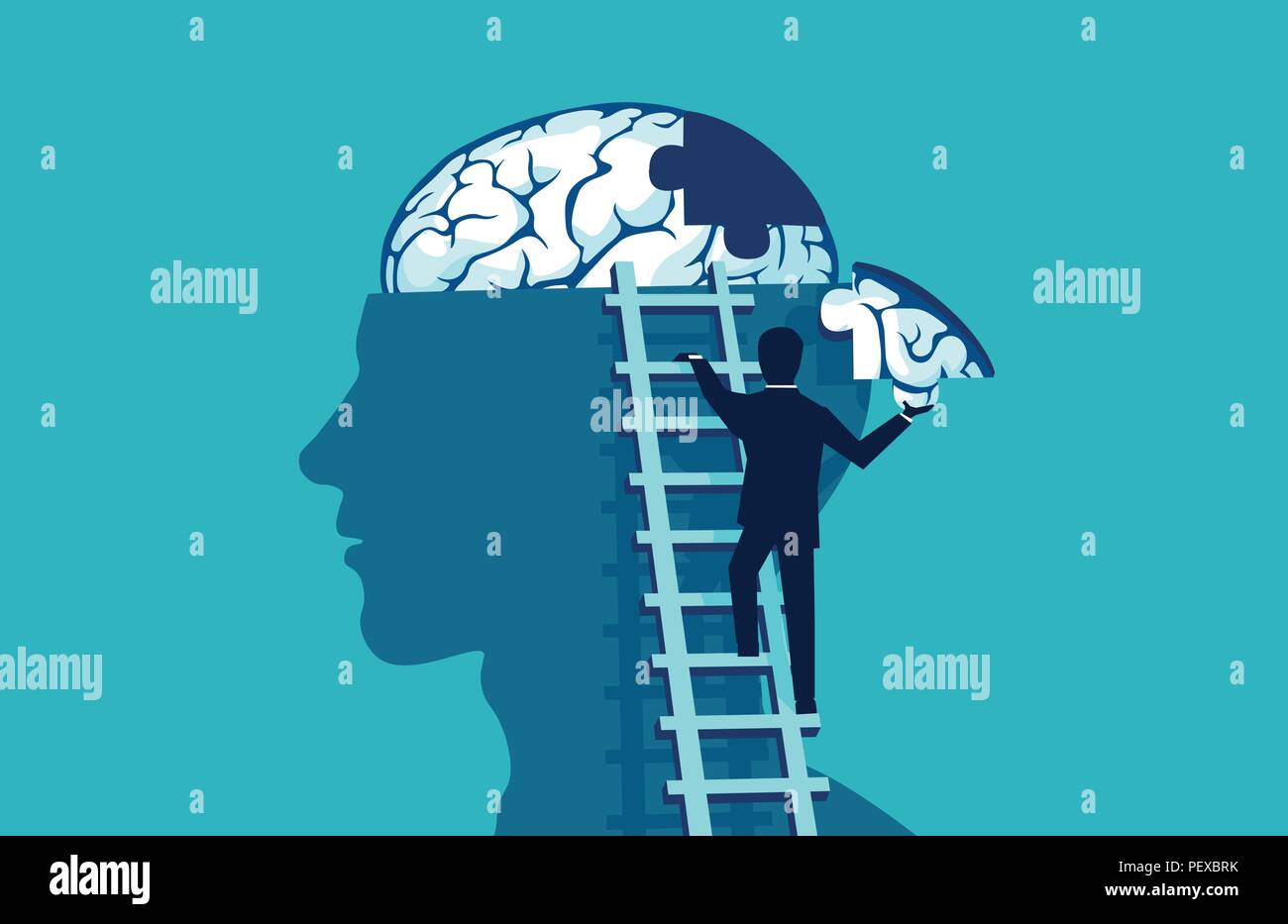 Puzzle cerveau concept de vecteur. L'homme d'affaires de monter les escaliers pour atteindre la tête d'ajouter de pièce de puzzle du cerveau. Illustration de Vecteur