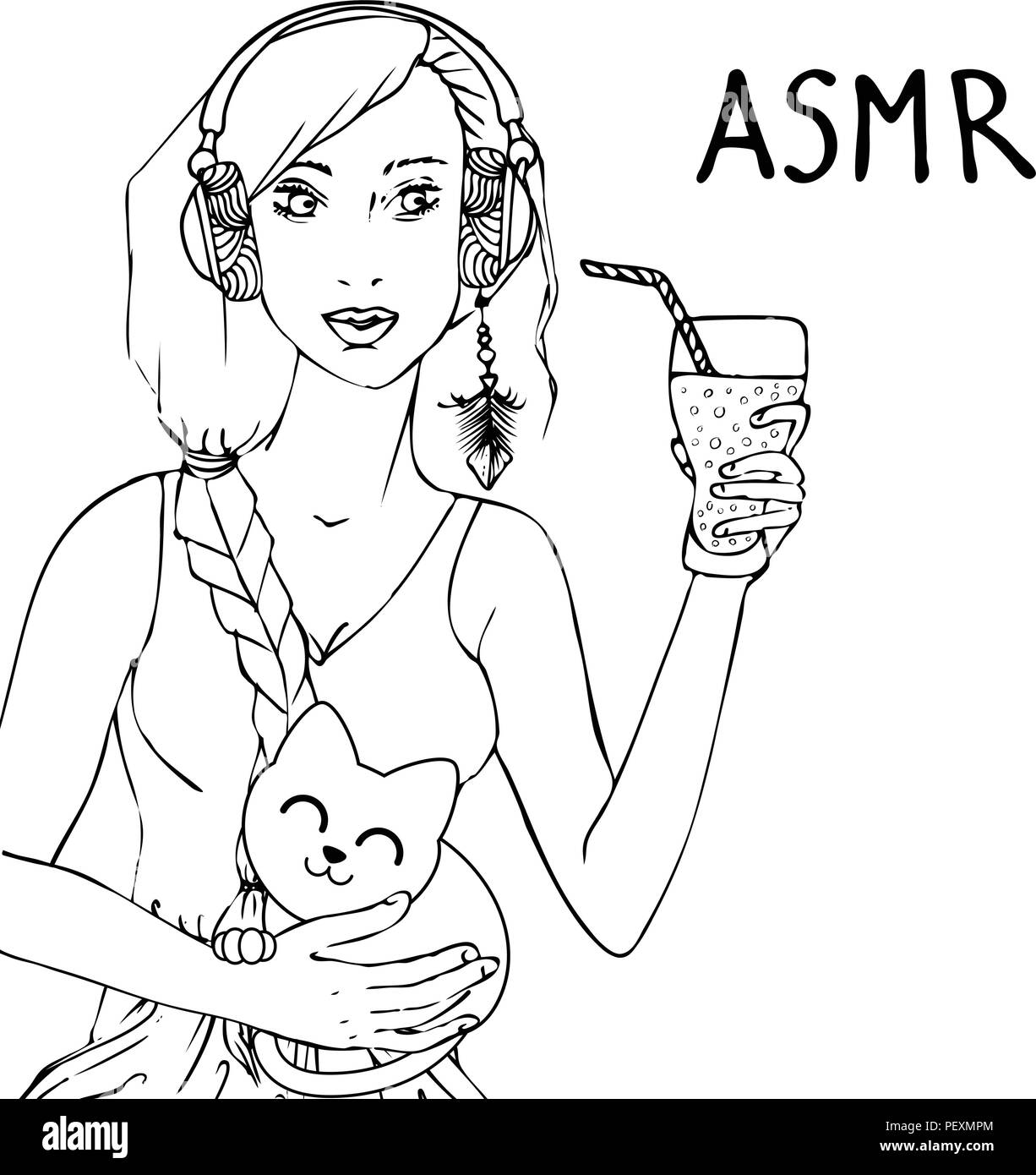 Monochrome Noir Et Blanc Belle Fille Avec Un Verre De Smoothie Et Un Chat Mignon Sur Ses Genoux Image Vectorielle Stock Alamy