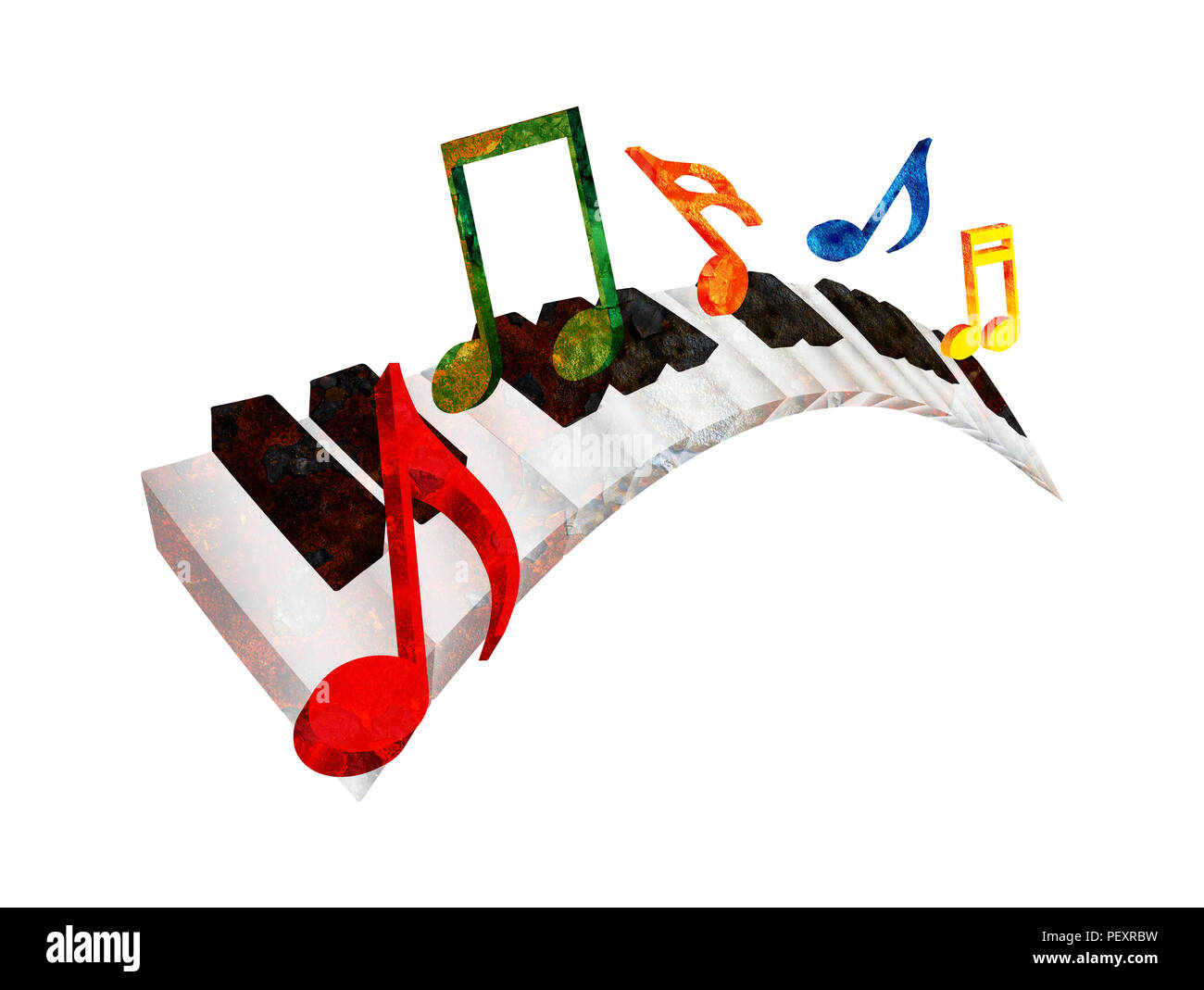 Piano Clavier avec touches ondulées en noir et blanc et les notes de musique en couleur en 3D texture grunge illustration isolé sur fond blanc Banque D'Images