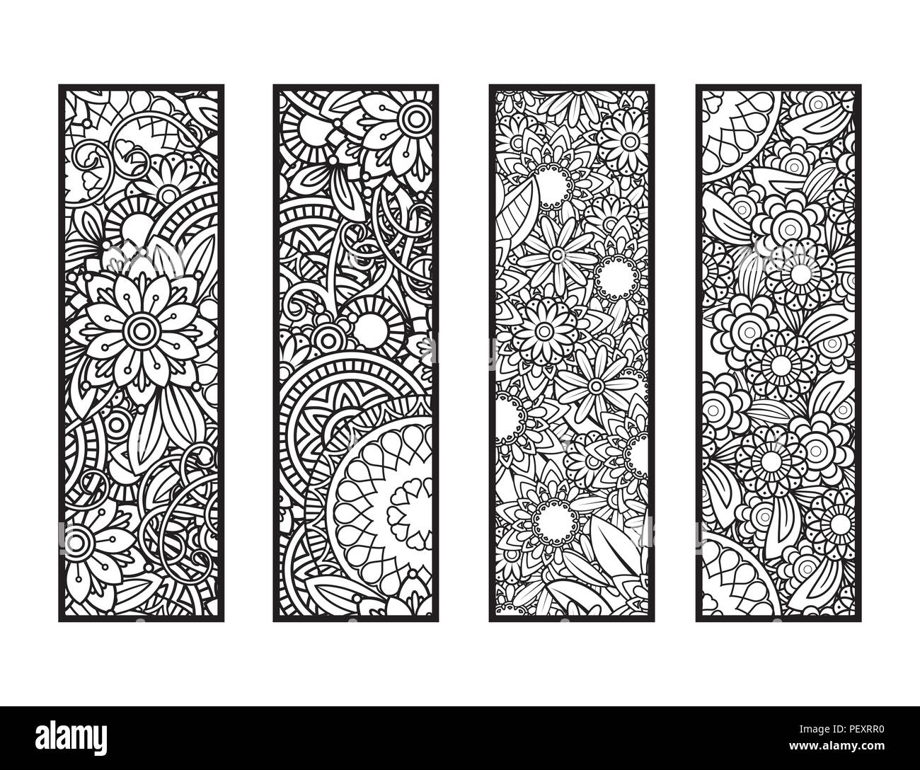Ensemble de quatre pages en noir et blanc. Doodles fleurs et ornements pour des profils à colorier. Vector illustration. Illustration de Vecteur
