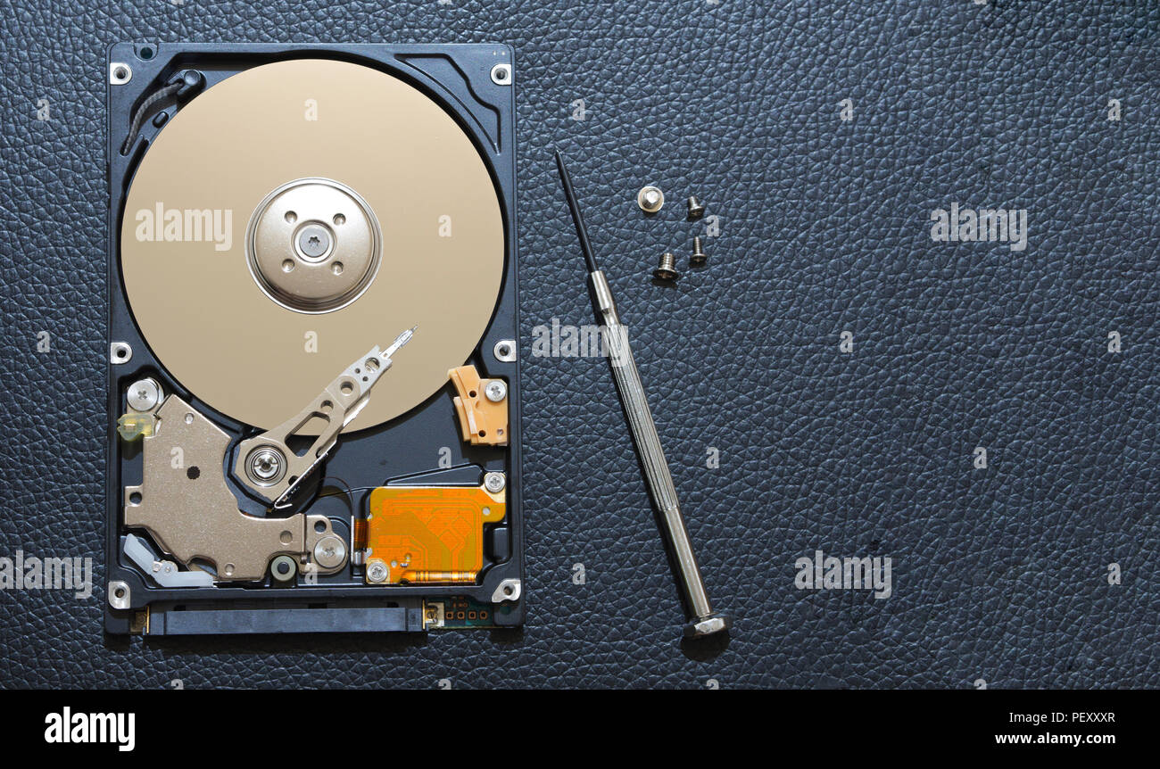 La réparation de disque dur défectueux, vis et tournevis sur le banc Photo  Stock - Alamy