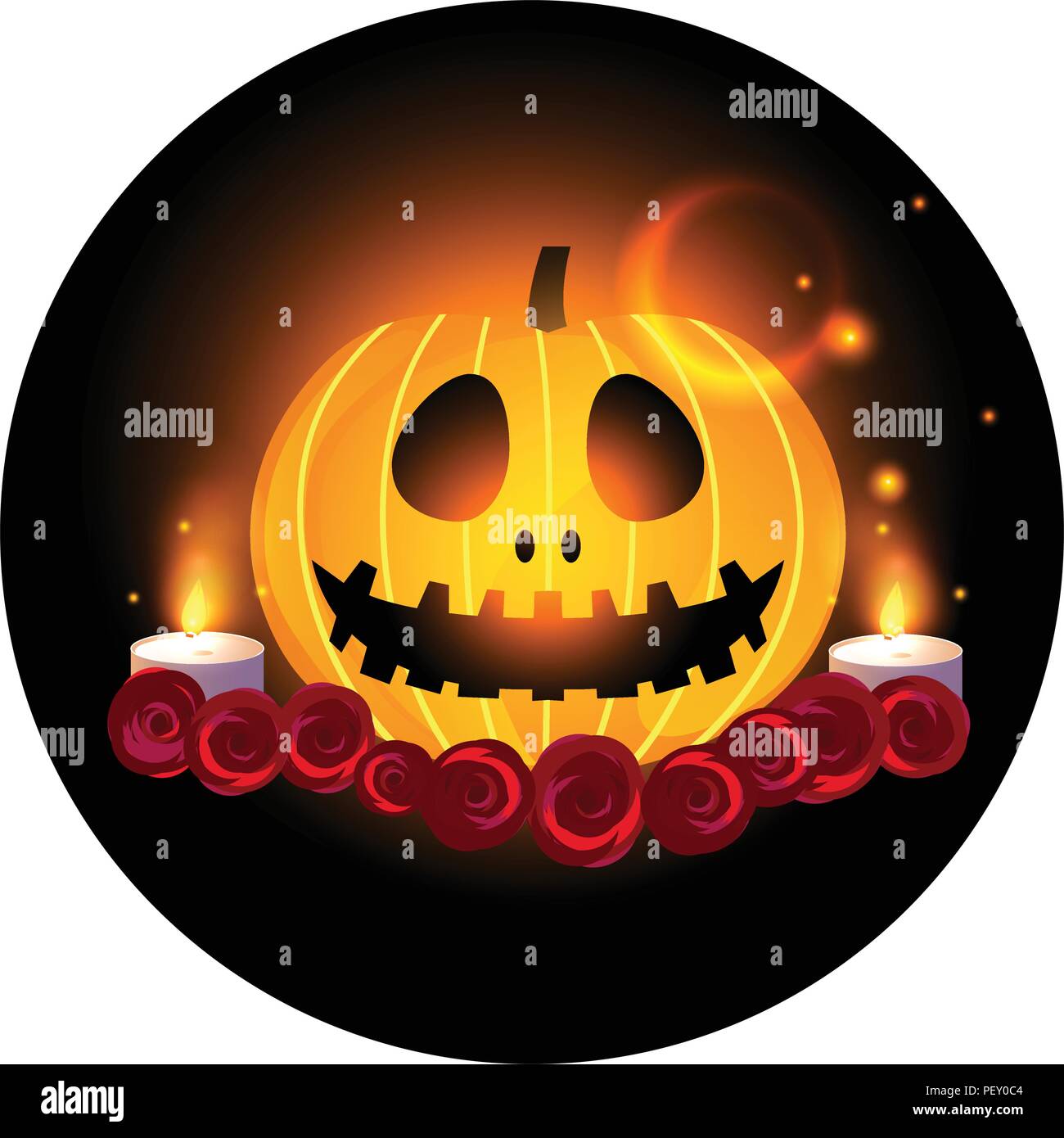 Happy Halloween design. Jack la lanterne citrouille et des bougies rougeoyant. Vector illustration sur fond noir autocollant rond. Illustration de Vecteur