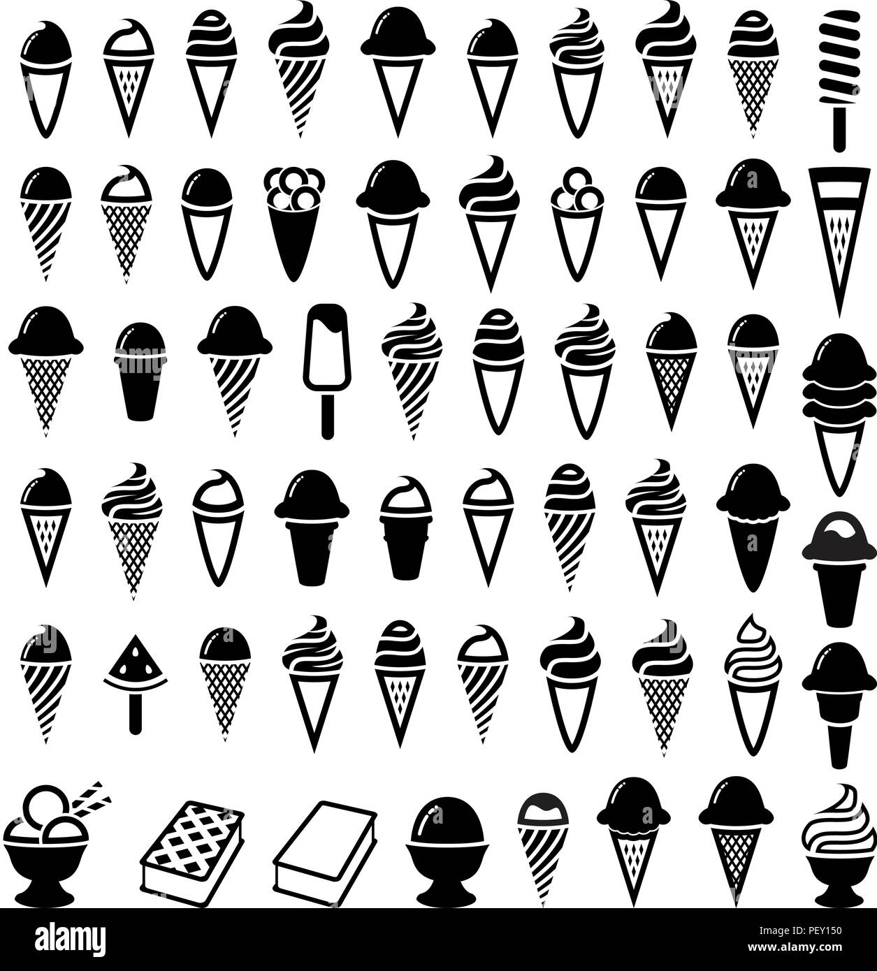 Vector noir et blanc crème glace icecream wafer. icônes de cônes et cuvettes. sucettes glacées et glaces symboles bol Illustration de Vecteur