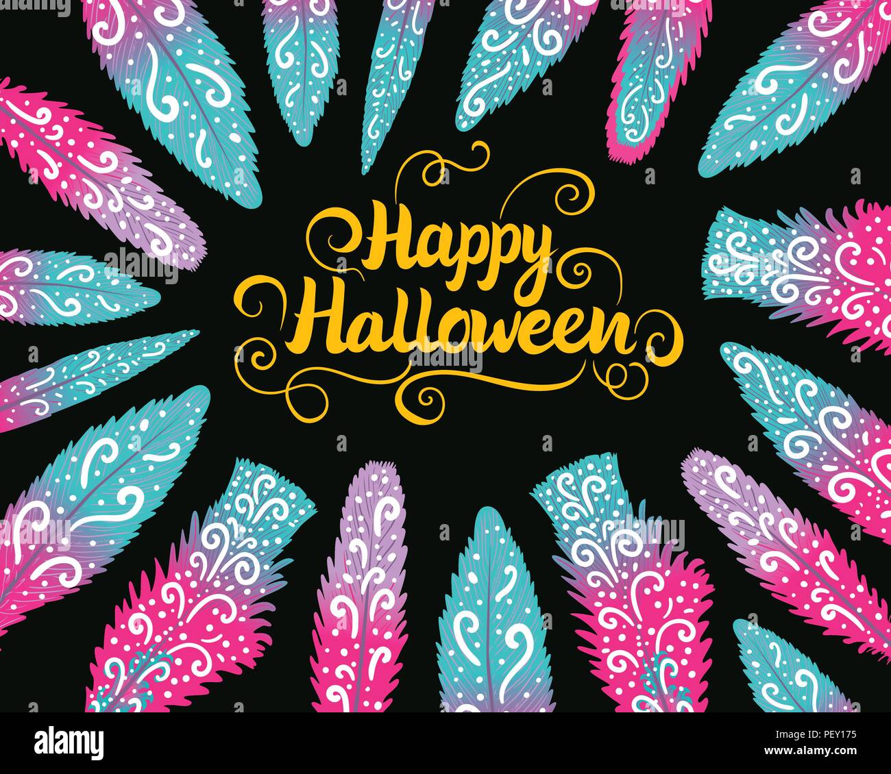 Happy Halloween carte horizontale. L'inscription de lettrage. Dessin à la main de plumes d'ornement isolé sur un fond sombre. Illustration de Vecteur