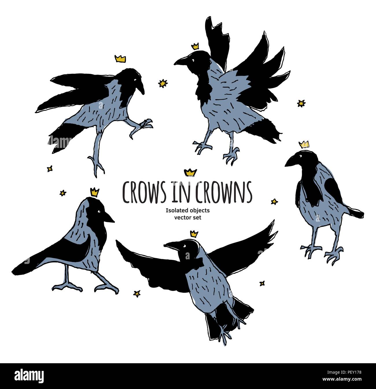 Les corneilles en couronnes set oiseaux isolé sur fond blanc Illustration de Vecteur