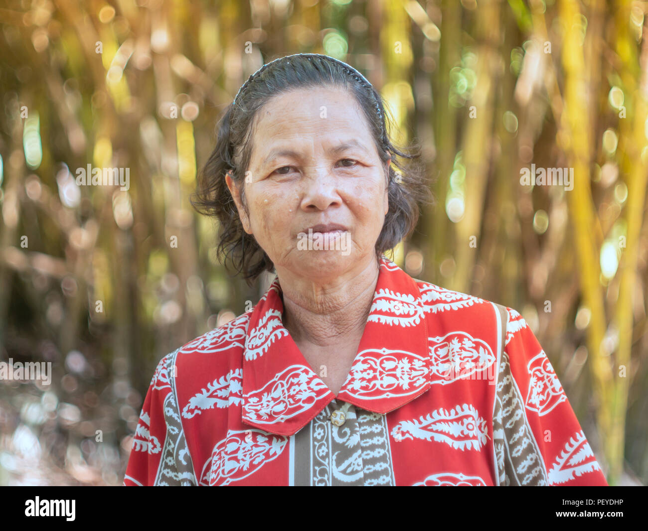 Vieux Gros plan femme thaïlandaise avec portrait smiling face au jardin, de flou d'arrière-plan en bambou Banque D'Images
