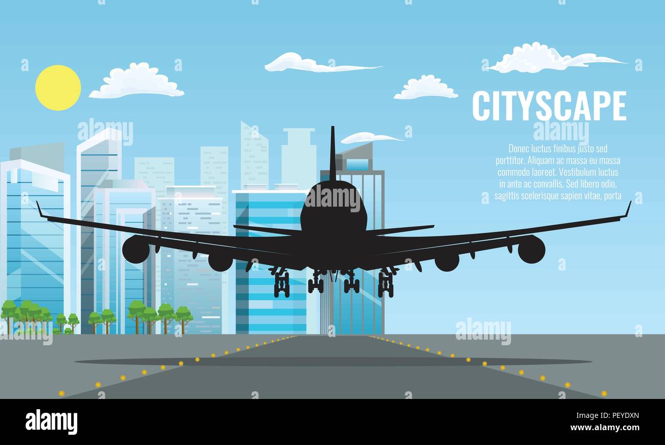 Silhouette d'avion à l'atterrissage ou au décollage sur la ville moderne. Télévision couleur solide et travel concept contexte vecteur. Illustration de Vecteur