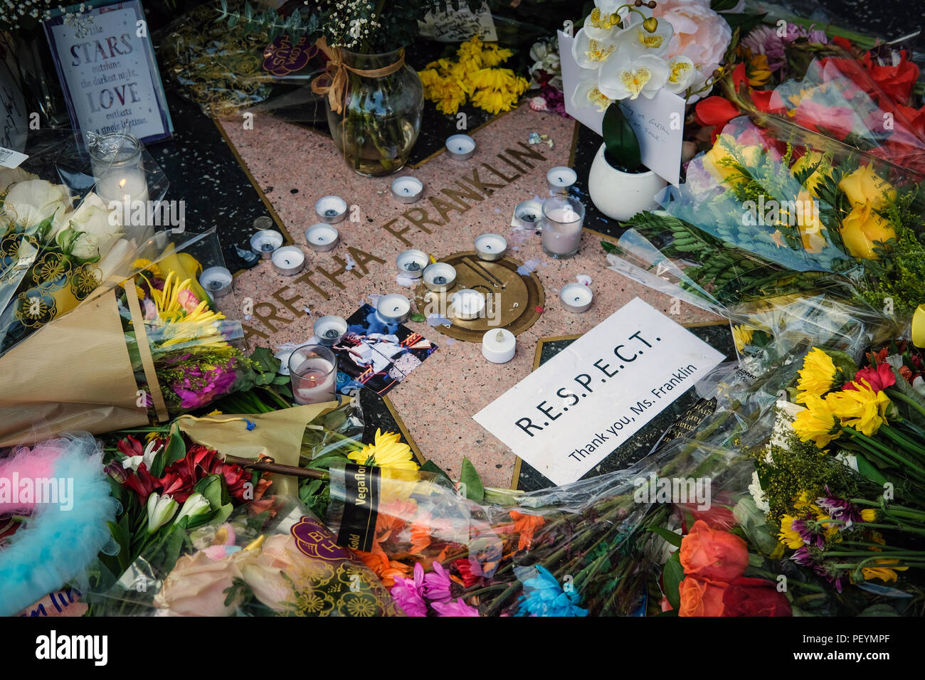 Aretha Franklin hommages sur le Hollywood Walk of Fame le lendemain de sa mort Banque D'Images