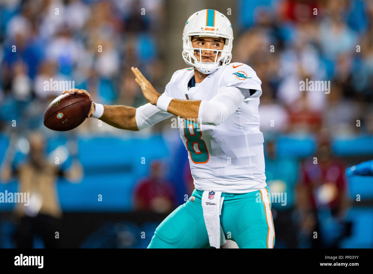 North Carolina, USA. 17 août 2018. Le quart des Dolphins de Miami Osweiler Brock (8) au cours de la pré-saison NFL football match entre les dauphins de Miami et les Panthers sur Vendredi, 17 août 2018 à Charlotte, NC. Jacob Kupferman/CSM Crédit : Cal Sport Media/Alamy Live News Banque D'Images