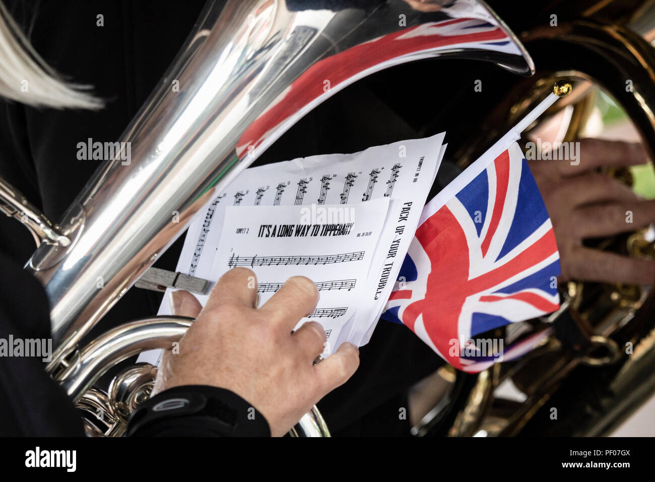 Billingham, dans le nord est de l'Angleterre. United Kingdom. 18 août, 2018. Le brass band jouant 'It's a Long Way to Tipperary" à WW1 centenary event en Billingham, dans le nord est de l'Angleterre. Credit : ALAN DAWSON/Alamy Live News Banque D'Images