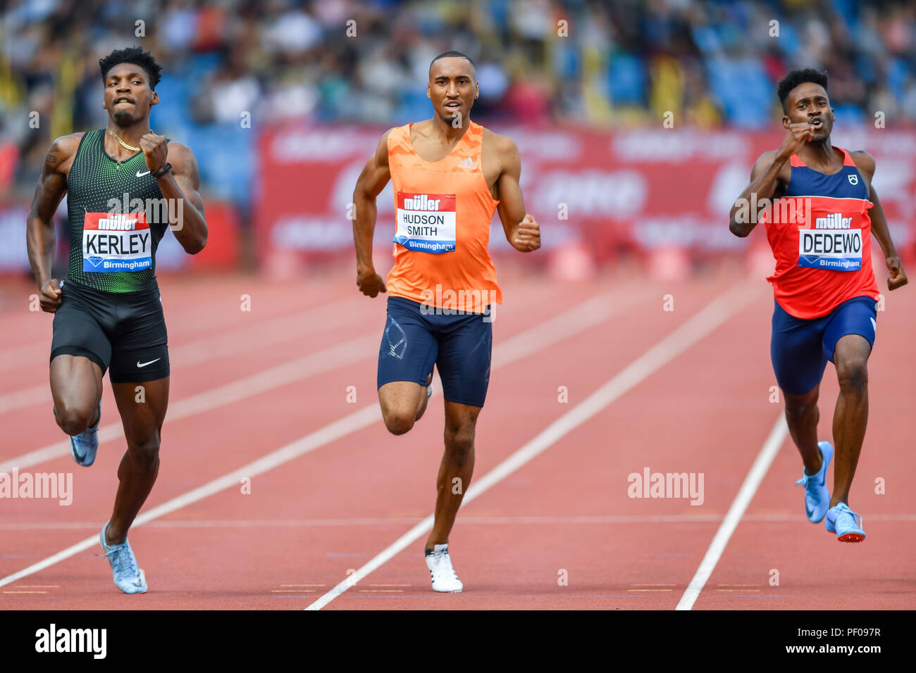 Birmingham, UK. 18 août 2018. Fred Kerley (USA), Matthieu Hudson-Smith (GBR) et Paul (USA) Dedewo dans Men's 400m au cours de l'IAAF Diamond League 2018 - Birmingham au Alexander Stadium le Samedi, 18 août 2018. BIRMINGHAM, ANGLETERRE. Credit : Crédit : Wu G Taka Taka Wu/Alamy Live News Banque D'Images