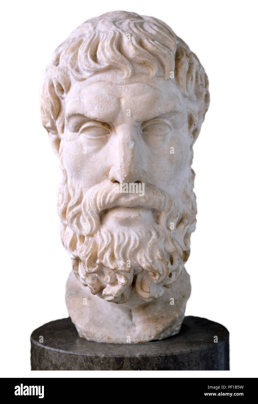Buste en marbre de Epikouros (philosophe grec : 342/1 BC-271/0) fondateur de l'école épicurienne de la philosophie. British Museum, Bloomsbury, Londres, Englan Banque D'Images