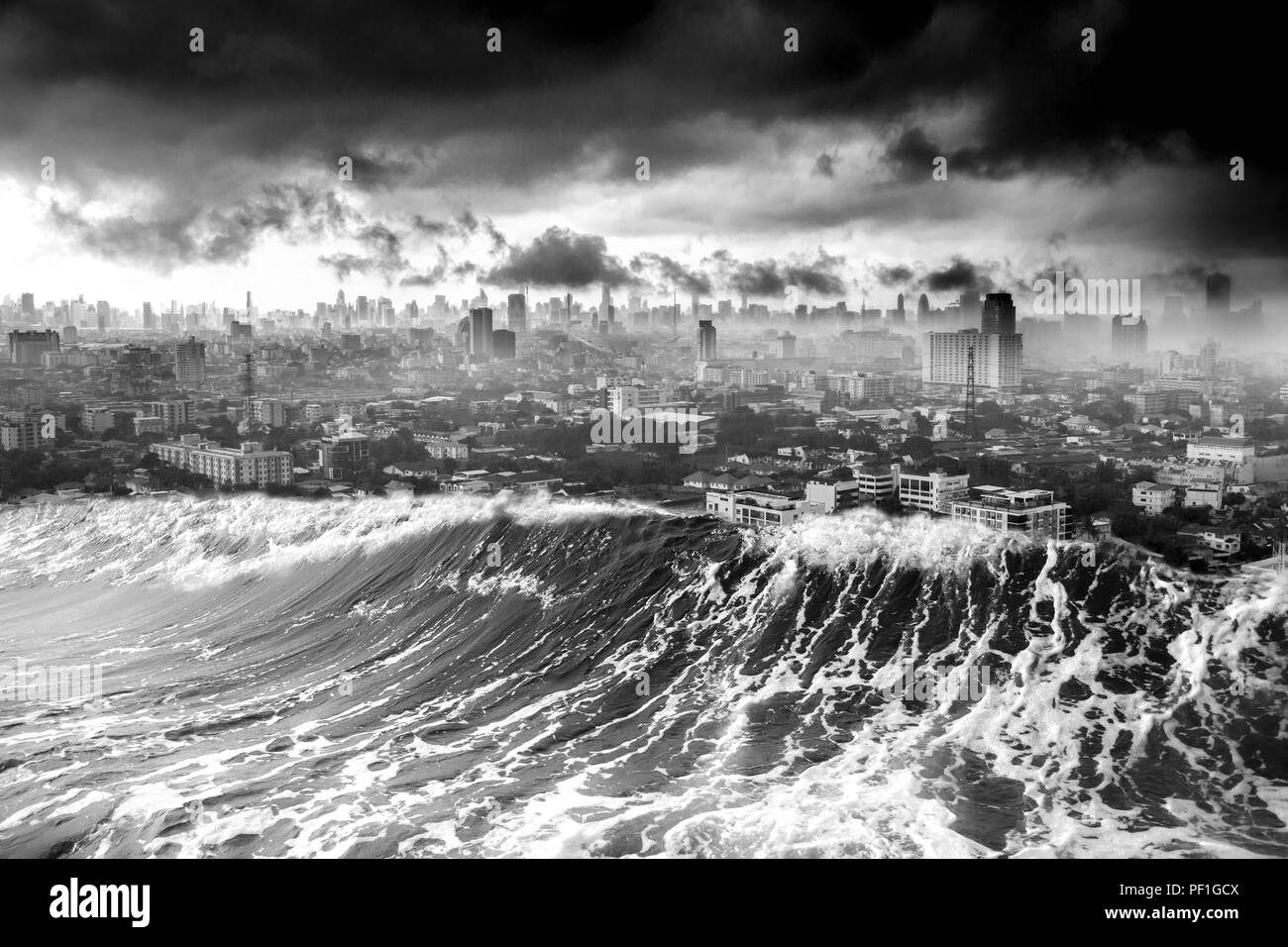 En cas de catastrophe de la nature ville détruite par les vagues du tsunami Banque D'Images
