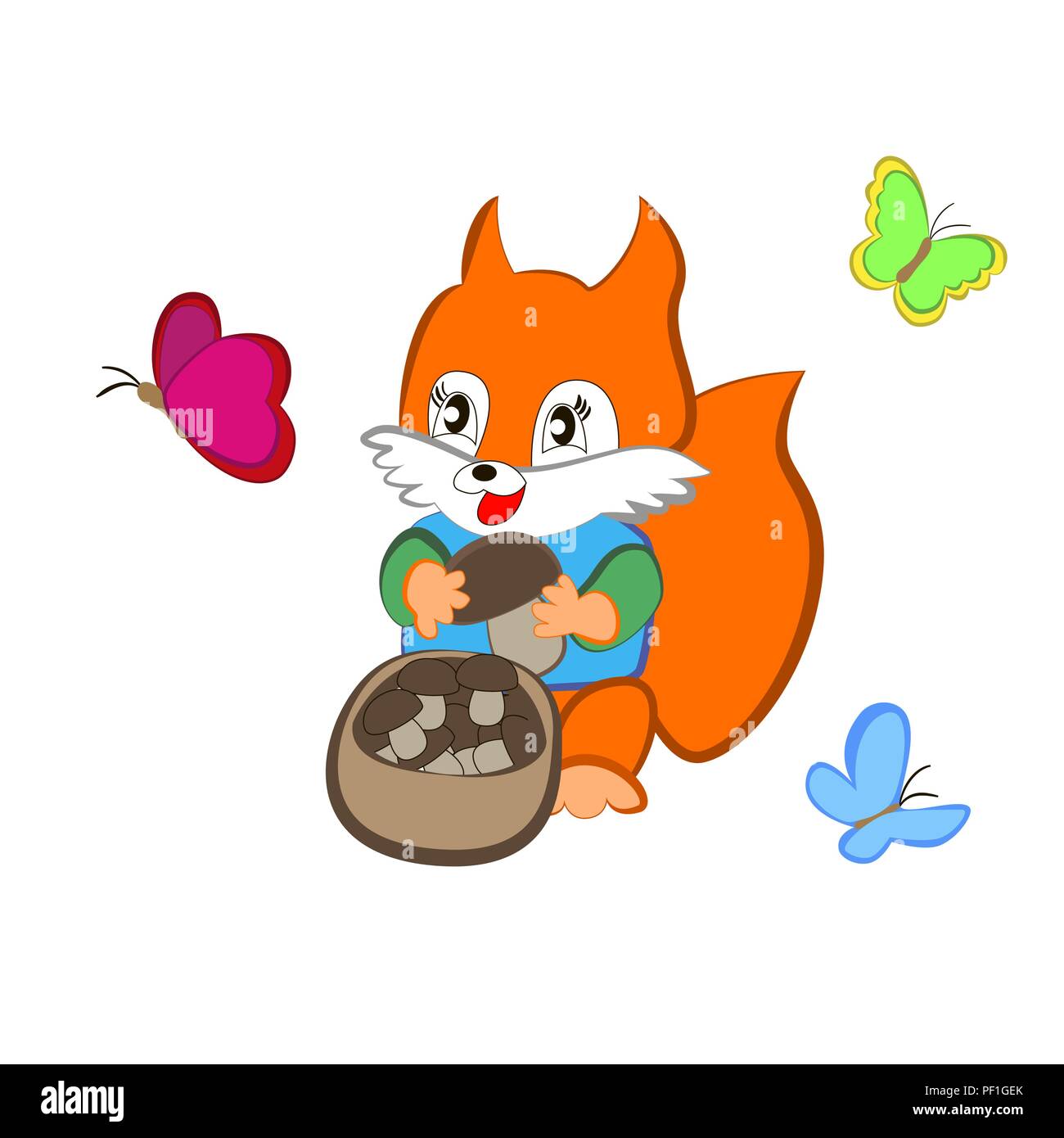 Cute cartoon squirrel avec un panier de champignons entouré de papillons colorés isolé sur fond blanc. Illustration de Vecteur