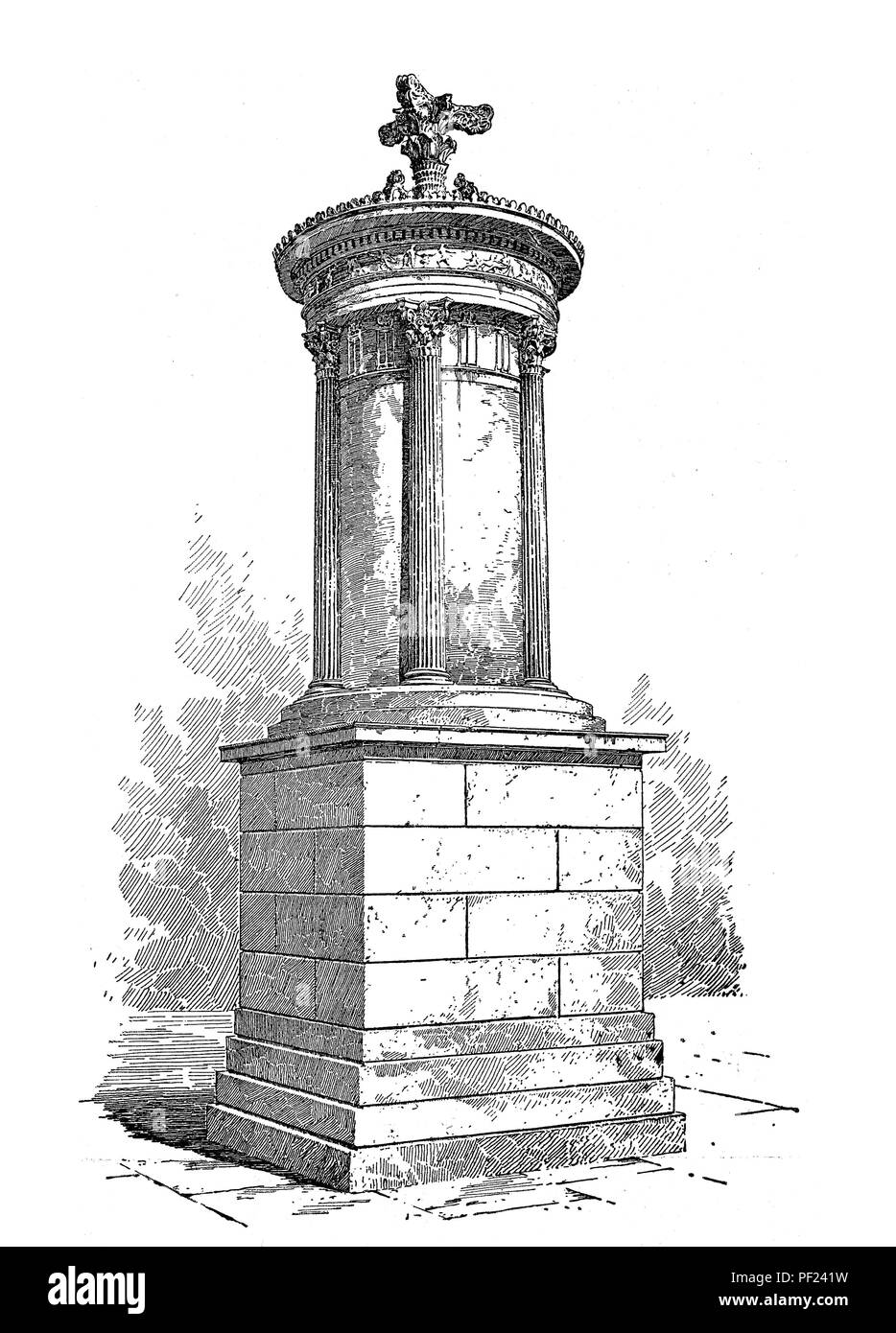 Choragic Monument de Lysicrates près de l'acropole d'Athènes, circulaire avec chapiteaux corinthiens, ancien imprimer Banque D'Images