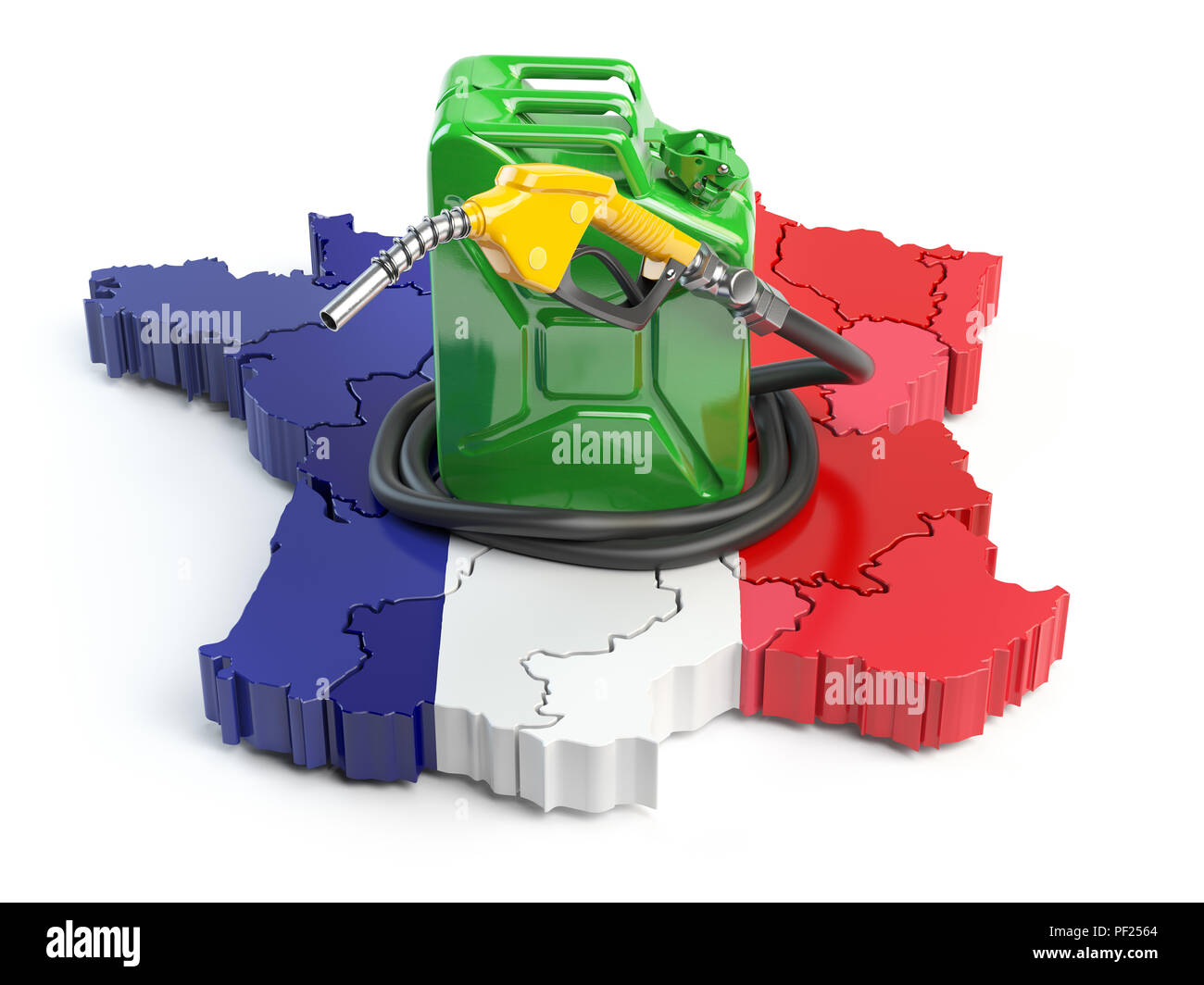 L'essence et la consommation de carburant et de production en France. Carte de France avec la buse de la pompe à gaz et bidon. 3d illustration Banque D'Images