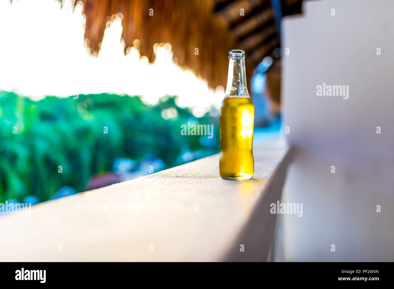 Bouteille de bière blonde rafraîchissante cool ou de bière sur un luxe tropical, Caraïbes hôtel blanc, d''un balcon donnant sur les palmiers Banque D'Images