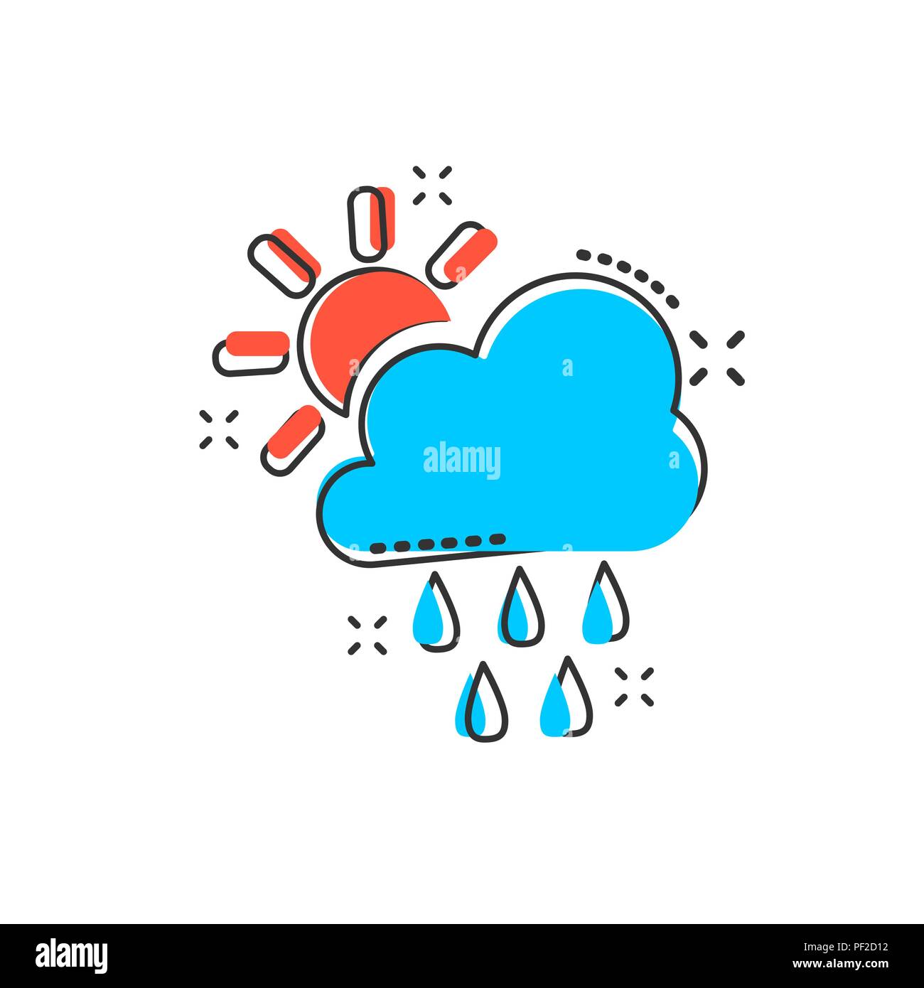 Vector cartoon météo icône dans le style comique. Avec les nuages soleil concept illustration pictogramme. Cloud avec effet pluie splash concept d'affaires. Illustration de Vecteur