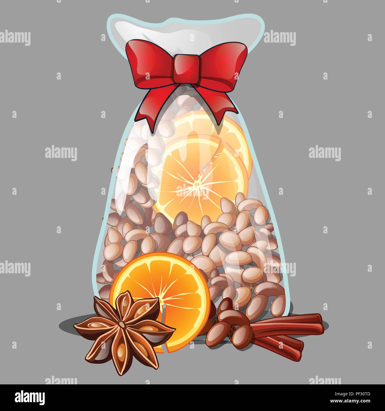 Un cadeau de Noël sous la forme d'un sac en plastique transparent rempli de toutes-épices naturelles, isolé sur fond gris. Cartoon Vector illustration close-up. Illustration de Vecteur
