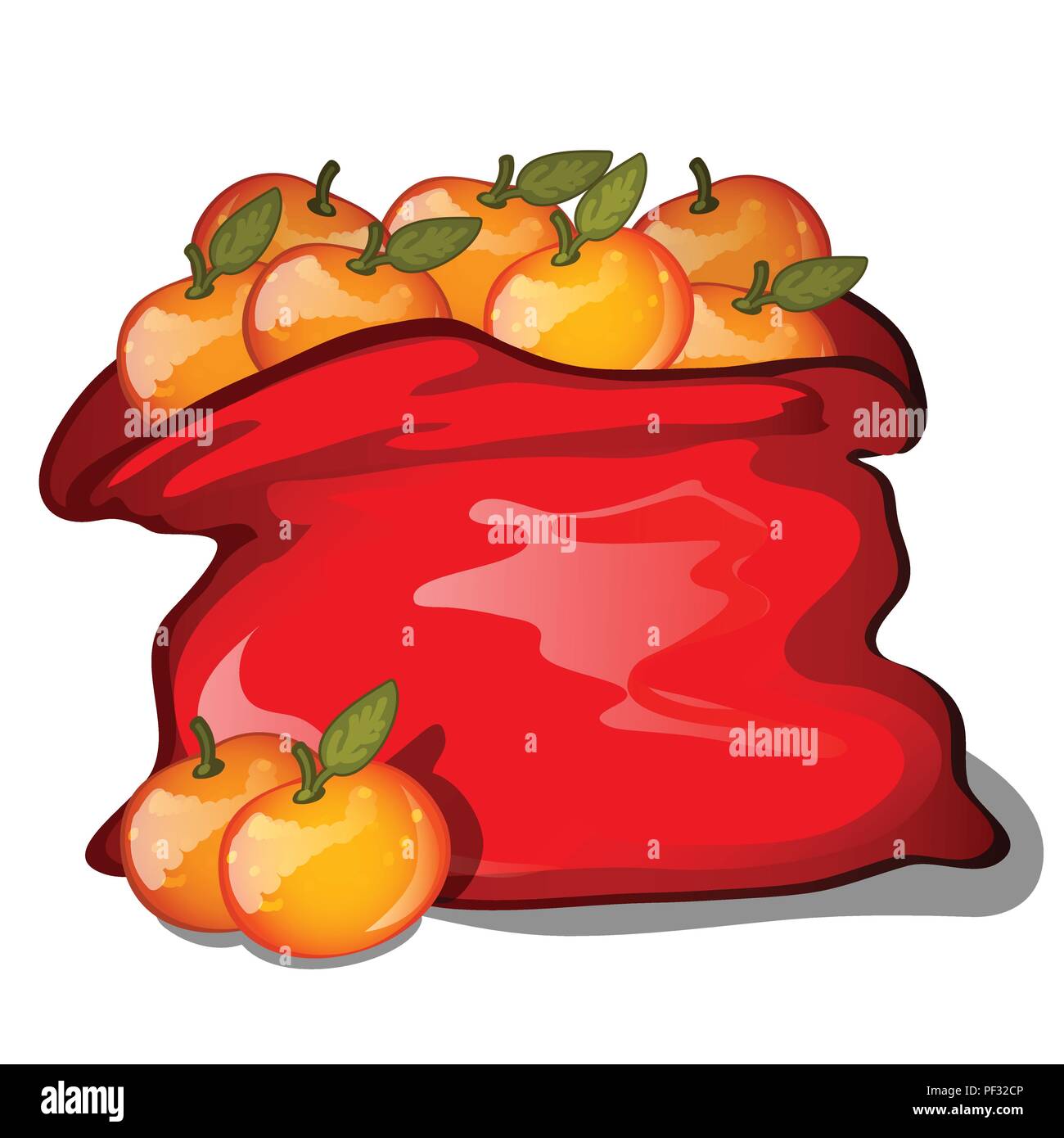 Sac rouge rempli de mandarines mûres isolé sur fond blanc. Cartoon Vector illustration close-up. Illustration de Vecteur