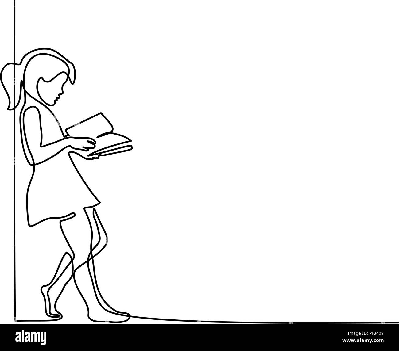 Dessin d'une ligne continue. Girl reading book. Concept Retour à l'école. Vector illustration Illustration de Vecteur