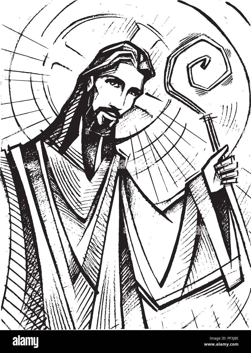 Hand drawn vector illustration ou dessin de Jésus Christ Bon Pasteur Illustration de Vecteur