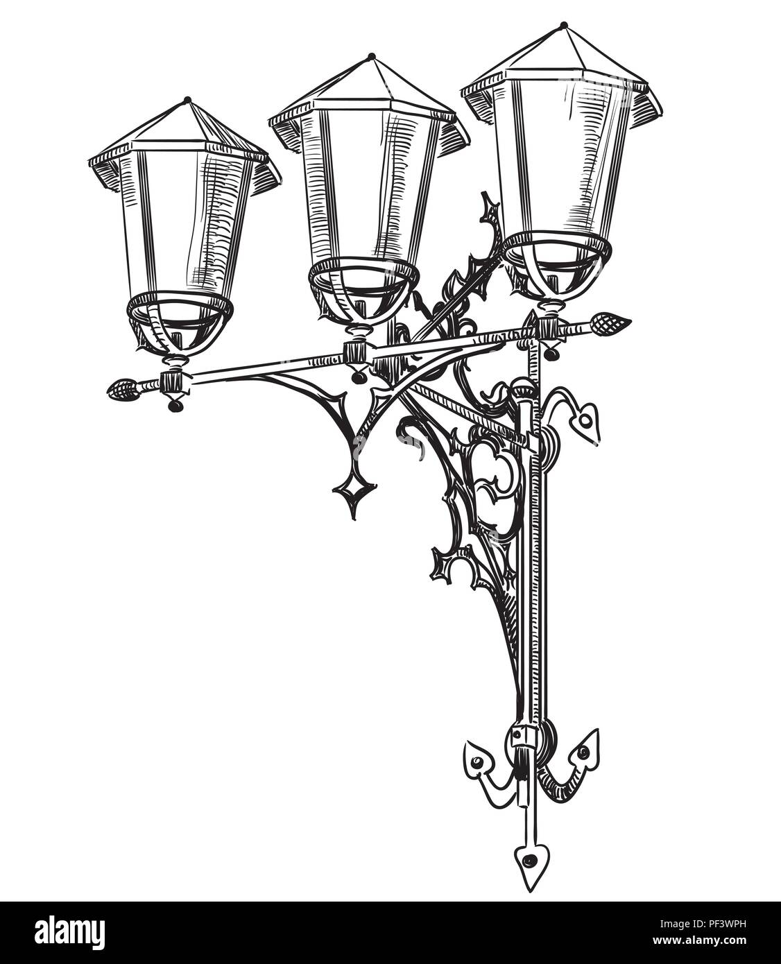 Dessin à la main vieille lampe rue vector illustration monochrome en couleur noir isolé sur fond blanc Illustration de Vecteur