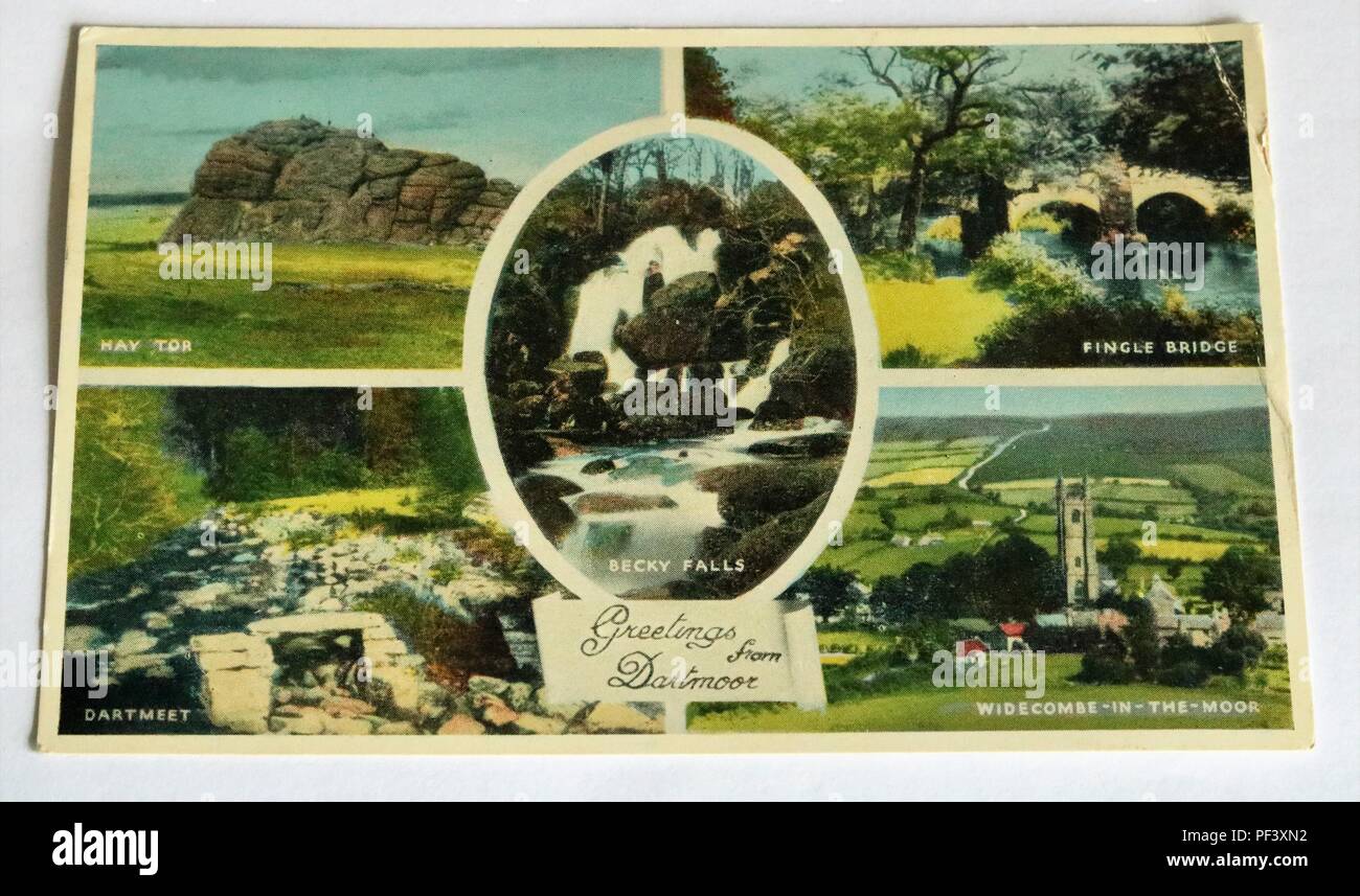 Carte postale couleur des années 1950 de Dartmoor, dans le Devon, UK montrant différentes scènes Banque D'Images
