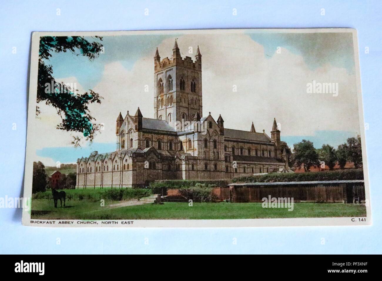 Carte postale couleur au début de l'abbaye de Buckfast, du nord-est de l'Église, TOTNES, Devon, UK Banque D'Images