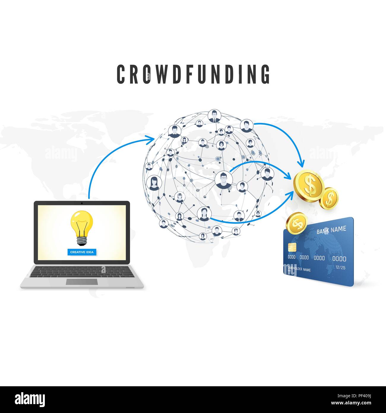 Concept Crowdfunding. Les gens de réseau mondial des dons d'argent pour l'idée d'entreprise et à contribuer au développement de projet. vector illustration Illustration de Vecteur